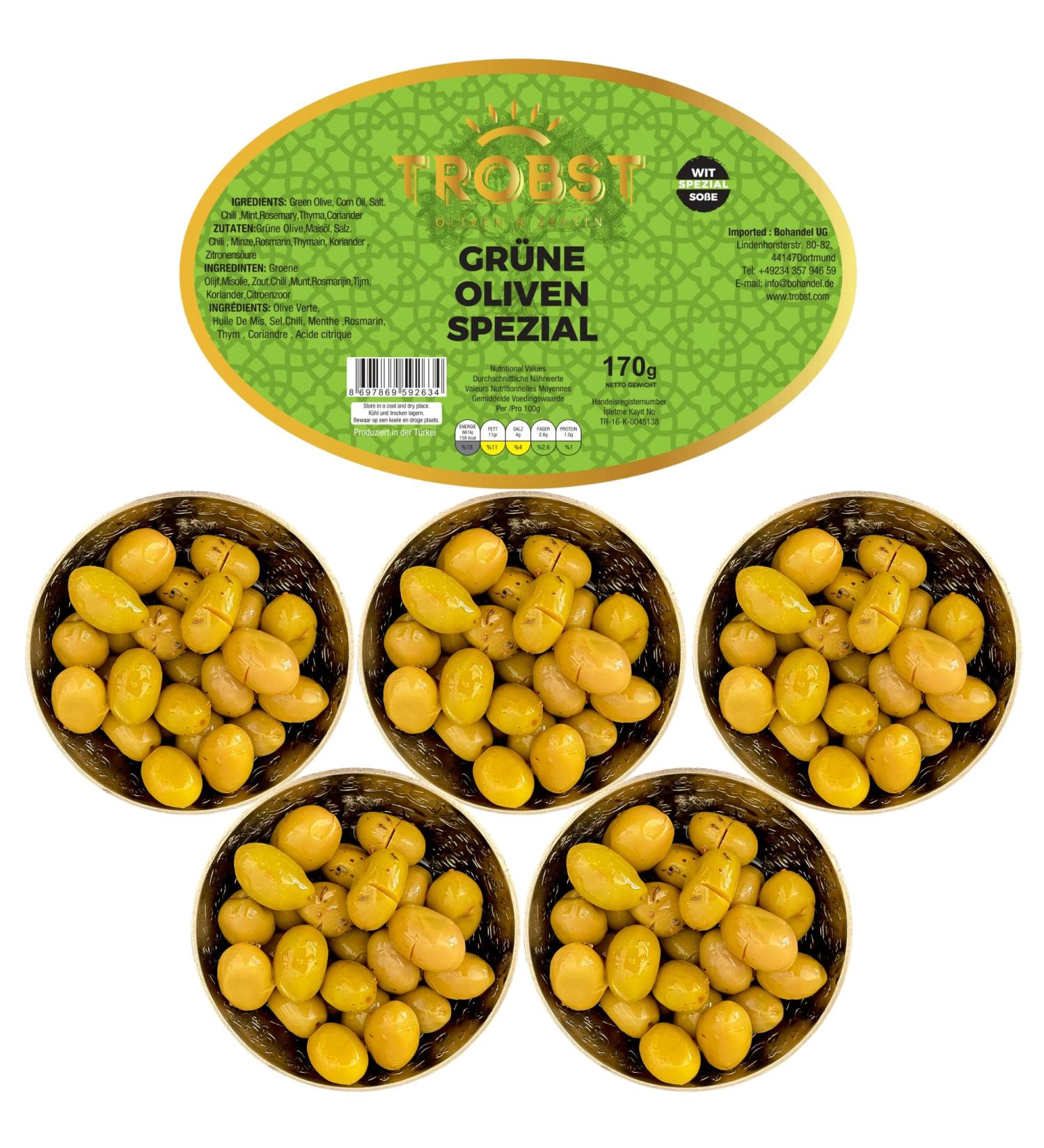 Trobst 5 Pack Green Olives Special with stone real green blackboard naturally matured and fermented aromatic (5x170 gr) 5x170 G green olive special