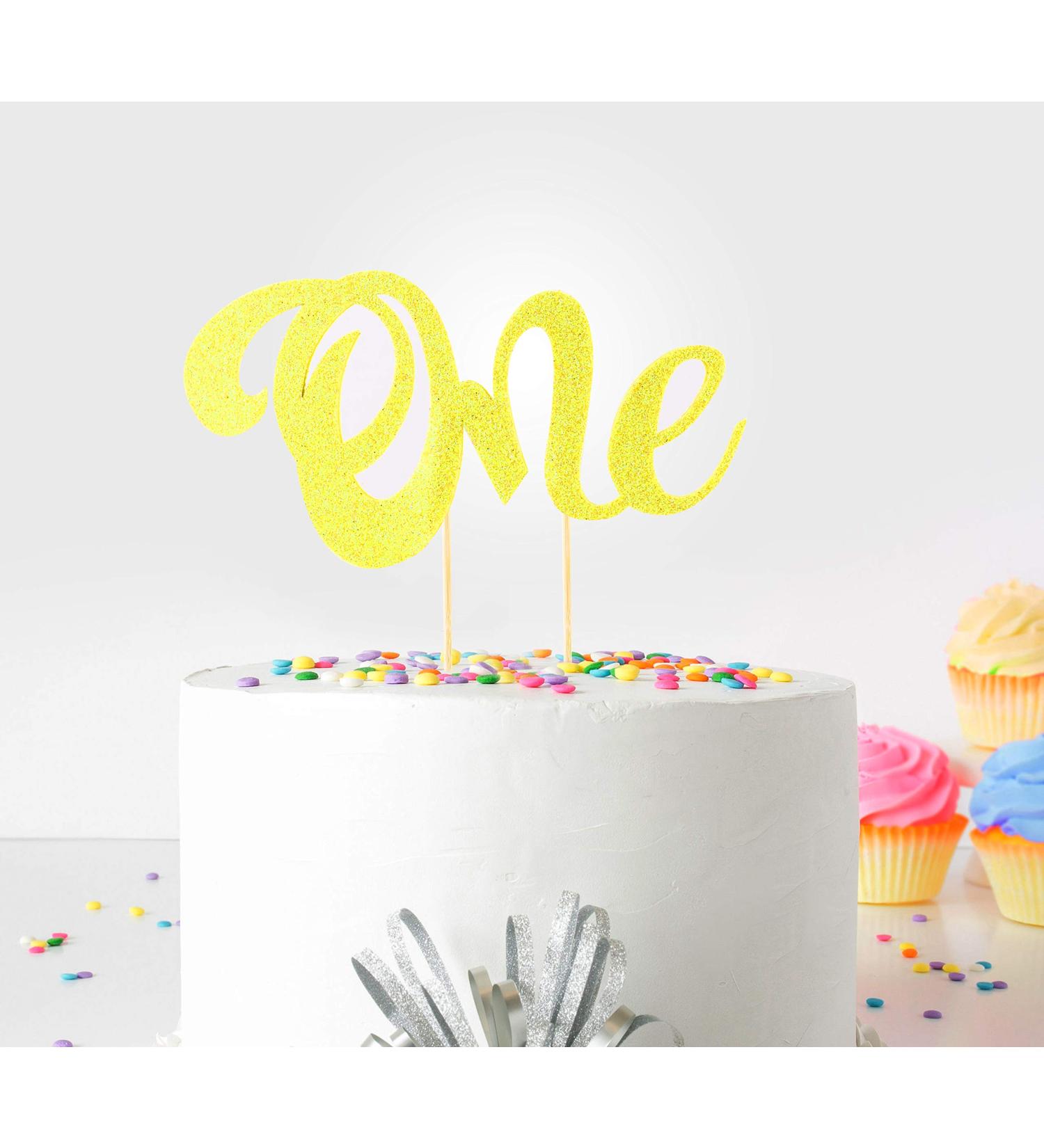 1st First Birthday Cake Topper Decoration ((Yellow) - One - with Double Sided Glitter Stock)