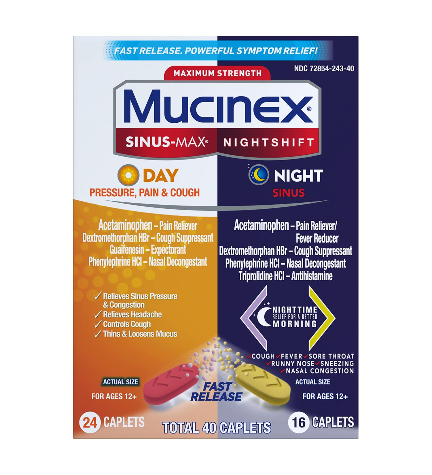 Mucinex Maximum Strength Sinus-Max Caplets - 40 Count Combo for Pressure, Pain, Cough, & Night Relief - Buy Online on GoSupps.com