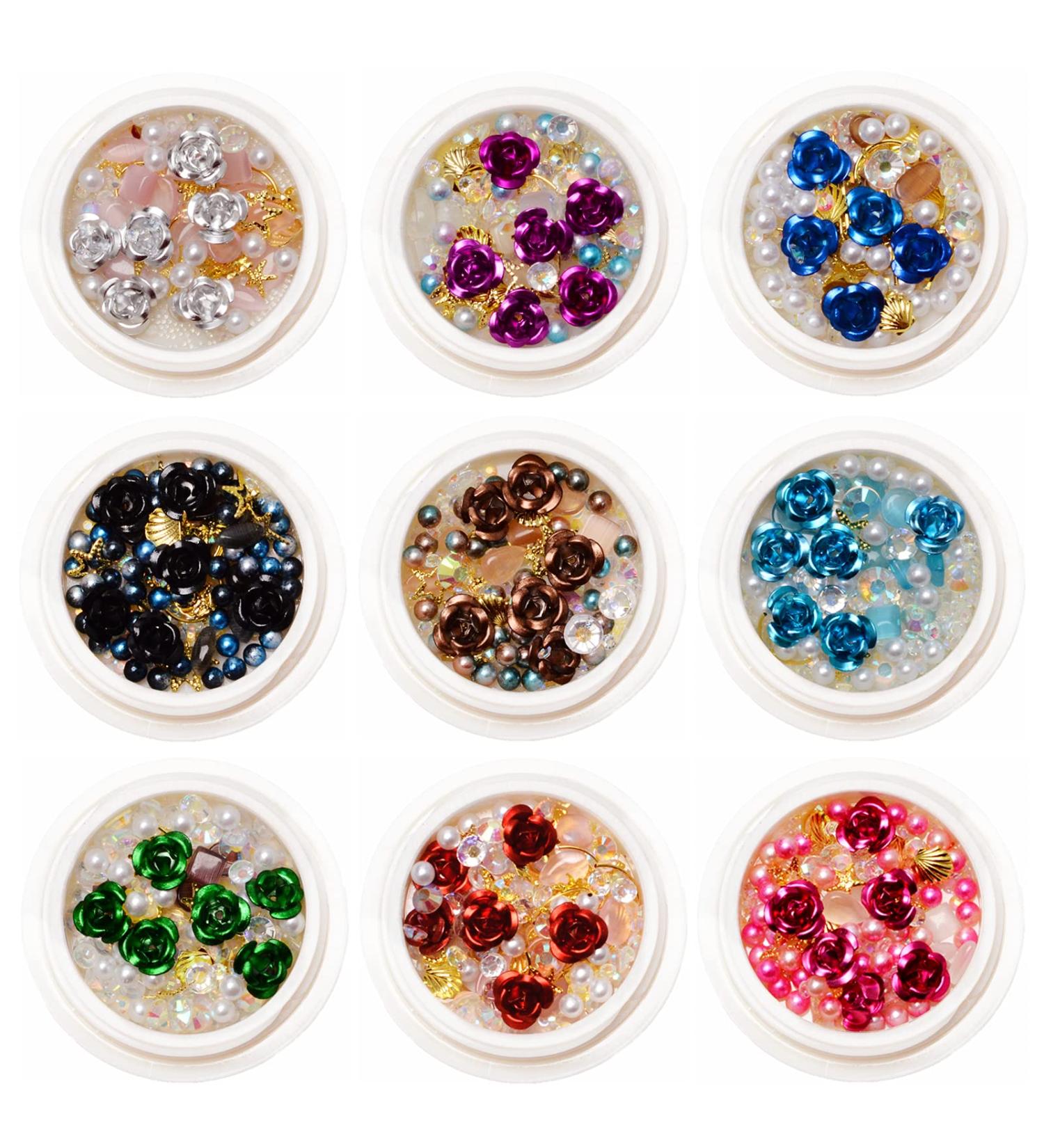 3D Metal Flowers Nail Art Decorations Kit - Mixed Gold Silver Studs & Charms for Manicure - 9 Boxes of Metal Rivets, Diamonds, Gems - Nail Art Supplies - Buy Online on GoSupps.com