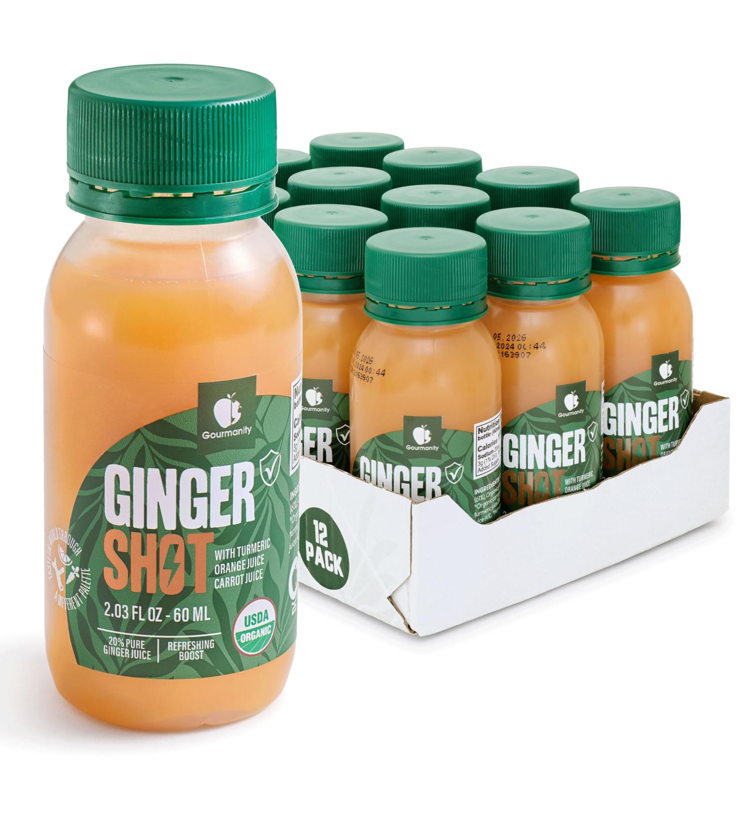 Gourmanity Organic Peruvian Ginger Shots with Turmeric Orange and Carrot Juice for Added Wellness Easy Grab & Go Ginger Shots Bottles No Additives or Fillers (12 x 2.03oz/60 ml) - Buy Online on GoSupps.com