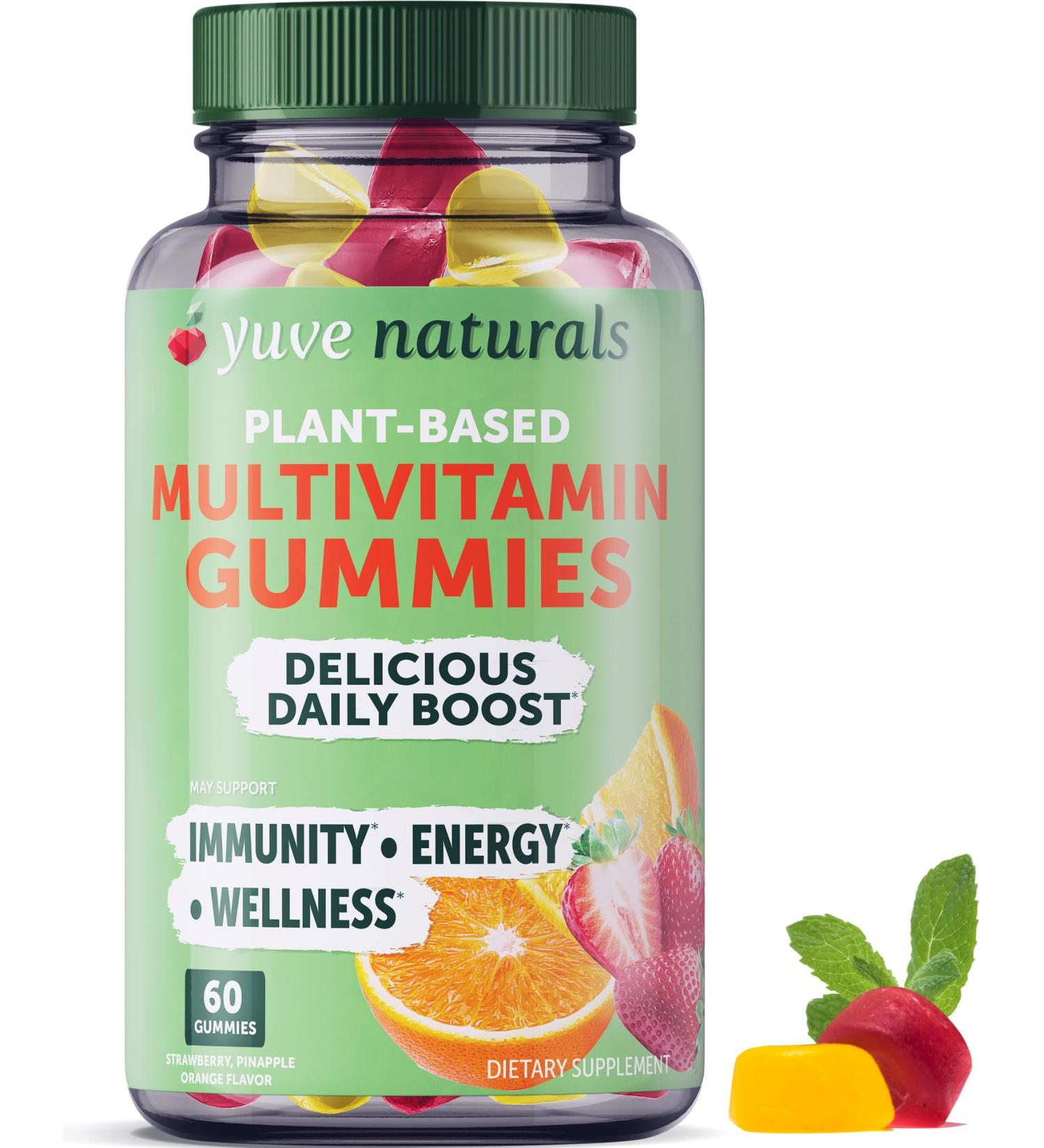 Yuve Vegan Multivitamin Gummies for Men and Women - Daily Energy and Immunity Support - Vitamin A, C, B3, B6, B12, Biotin, Zinc - 60ct Strawberry Pineapple - Non-GMO, Gluten & Gelatin-Free - Buy Online on GoSupps.com