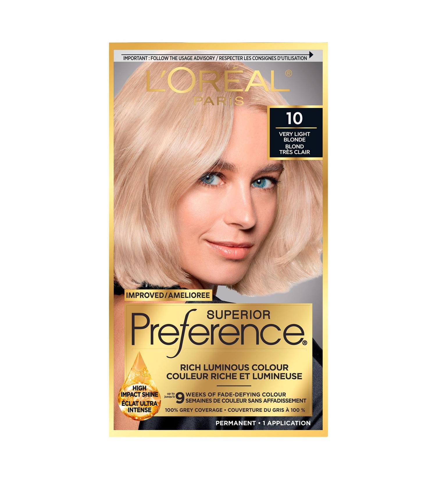 L Or al Paris Superior Preference 9 weeks of Luminous Fade-Defying Permanent Hair Dye 10 Very Light Blonde 100% Grey Coverage 1 Hair Dye Kit (Packaging May Vary) Very Light Blonde 1 Count ( Pack Of 1 ) - Buy Online on GoSupps.com