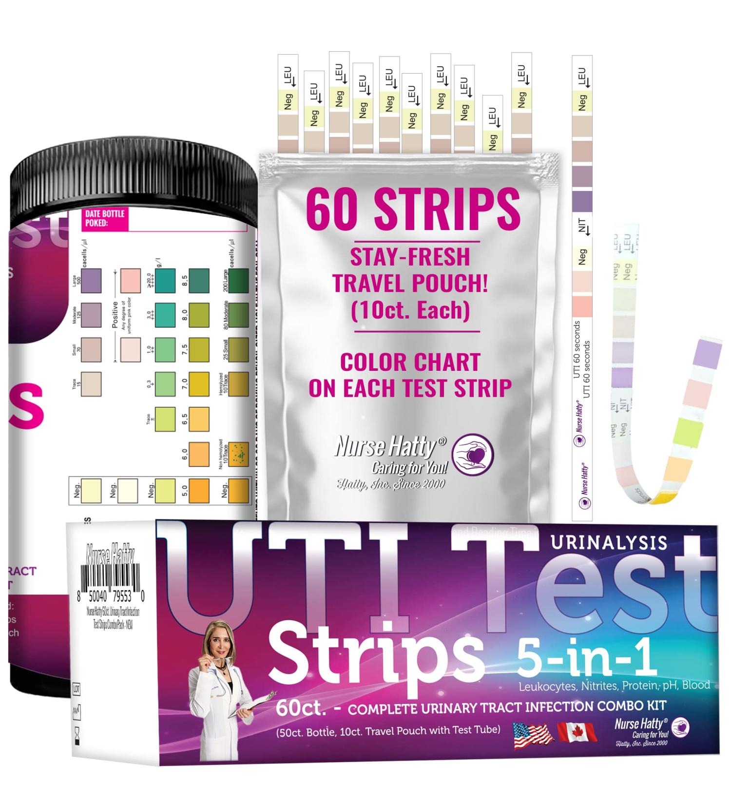 Nurse Hatty 5in1 UTI Test Strips Kit - 60ct Urinary Tract Infection Test - Easy Read Color Chart - Urinalysis for Leukocytes Nitrite pH Protein Blood - Buy Online on GoSupps.com