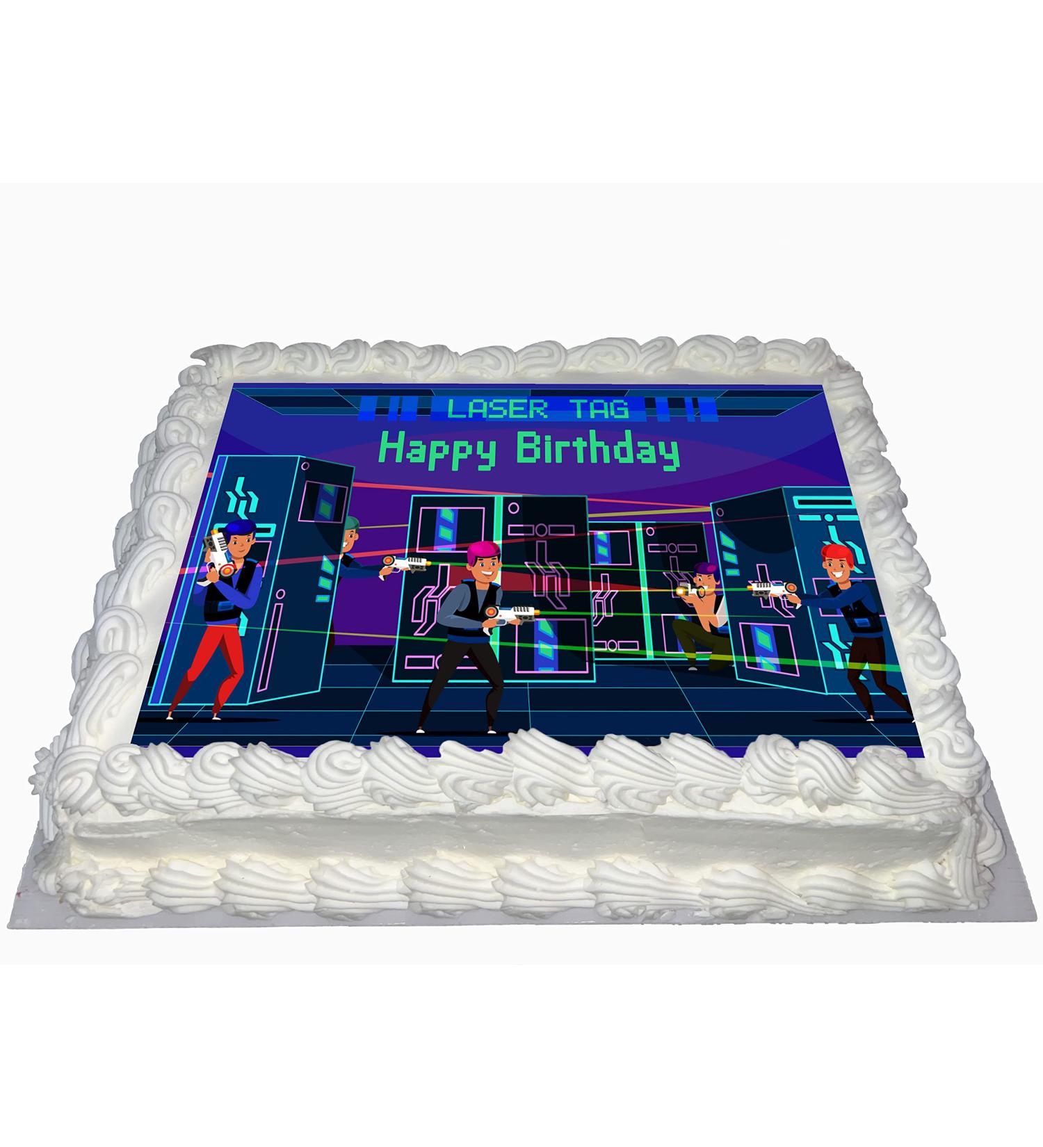 LASER TAG HAPPY BIRTHDAY PARTY RED EDIBLE ICING LARGE COSTCO CAKE TOPPER R1-302