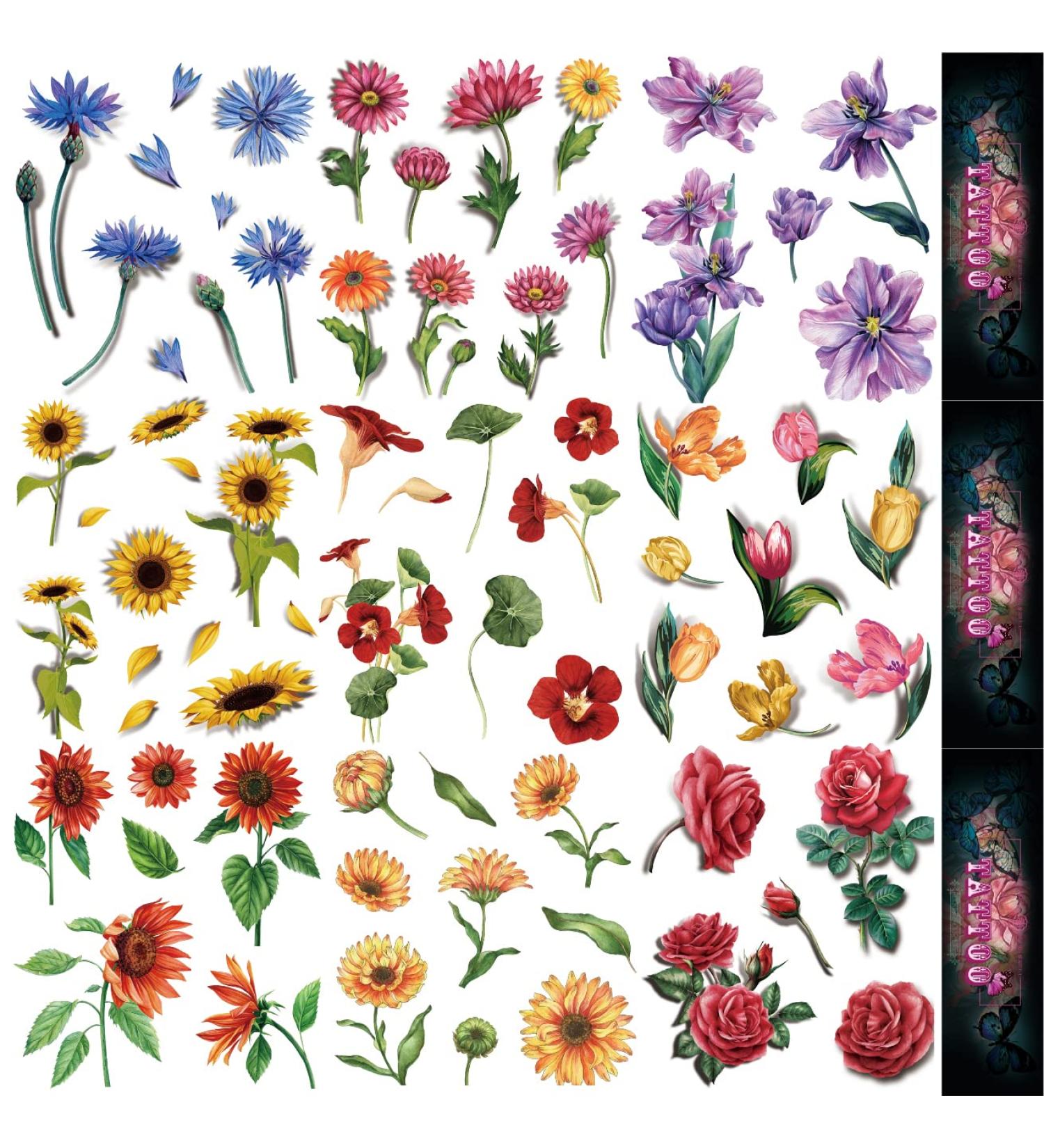 Oottati Waterproof Temporary Tattoo Stickers - 9 Sheets | Tulip, Sunflower, Rose, Nasturtium, Chrysanthemum Designs - Buy Online on GoSupps.com