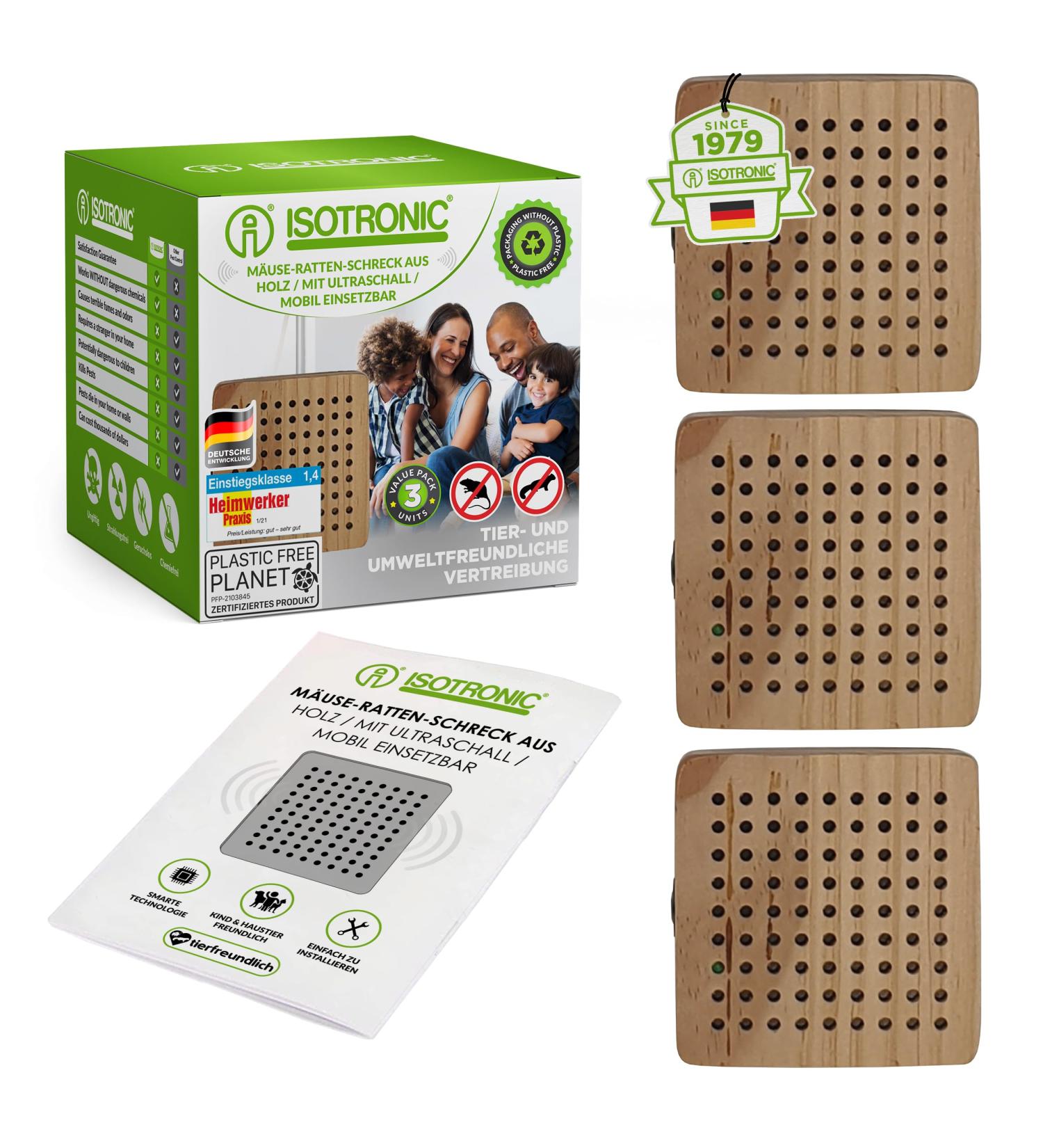 ISOTRONIC Mouse Defense: Ultrasonic Pest Control in Wooden Housing | Chemical-Free Rat Repellent for Home Basement & Garden | 3-Piece Set - Buy Online on GoSupps.com