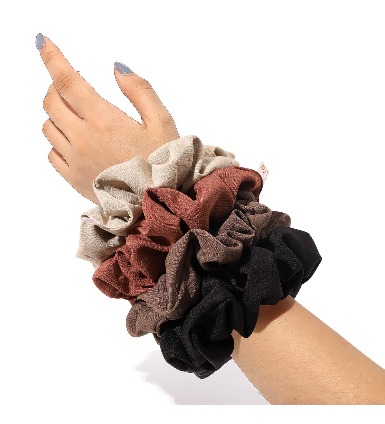 Large Scrunchies Hair Ties for Thick Hair - Jumbo Scrunchie Set for Girls & Women - No Crease Ponytail Holder - Soft Hair Accessories in Black, Brown, Beige, & Brick-Red - Buy Online on GoSupps.com
