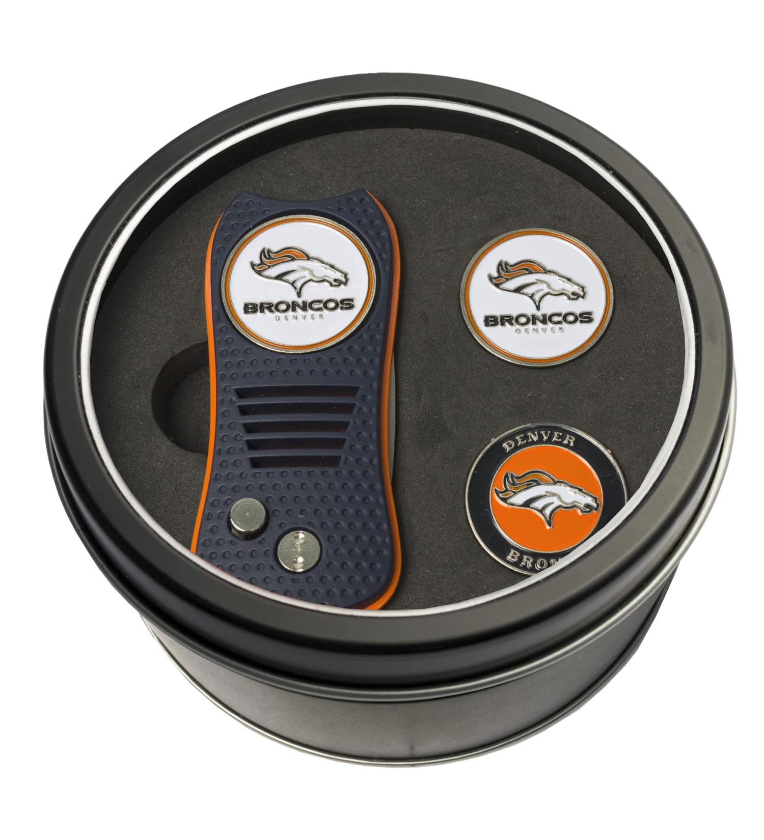 Team Golf NFL Denver Broncos Gift Set Switchblade Divot Tool with 3 Double-Sided Magnetic Ball Markers, Patented Single Prong Design, Causes Less Damage to Greens, Switchblade Mechanism