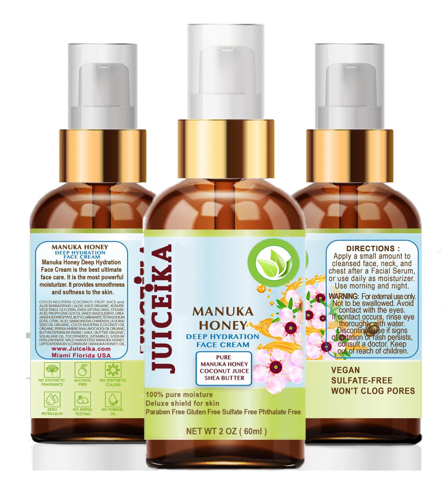 Juiceika MANUKA HONEY Deep Hydration Face Cream Face Moisturizer. Manuka Oil Aloe Vera Shea Butter Coconut Oil Jojoba Oil Squalane Hyaluronic Acid Avocado Oil 2 Fl. oz. - 60 ml. - Buy Online on GoSupps.com