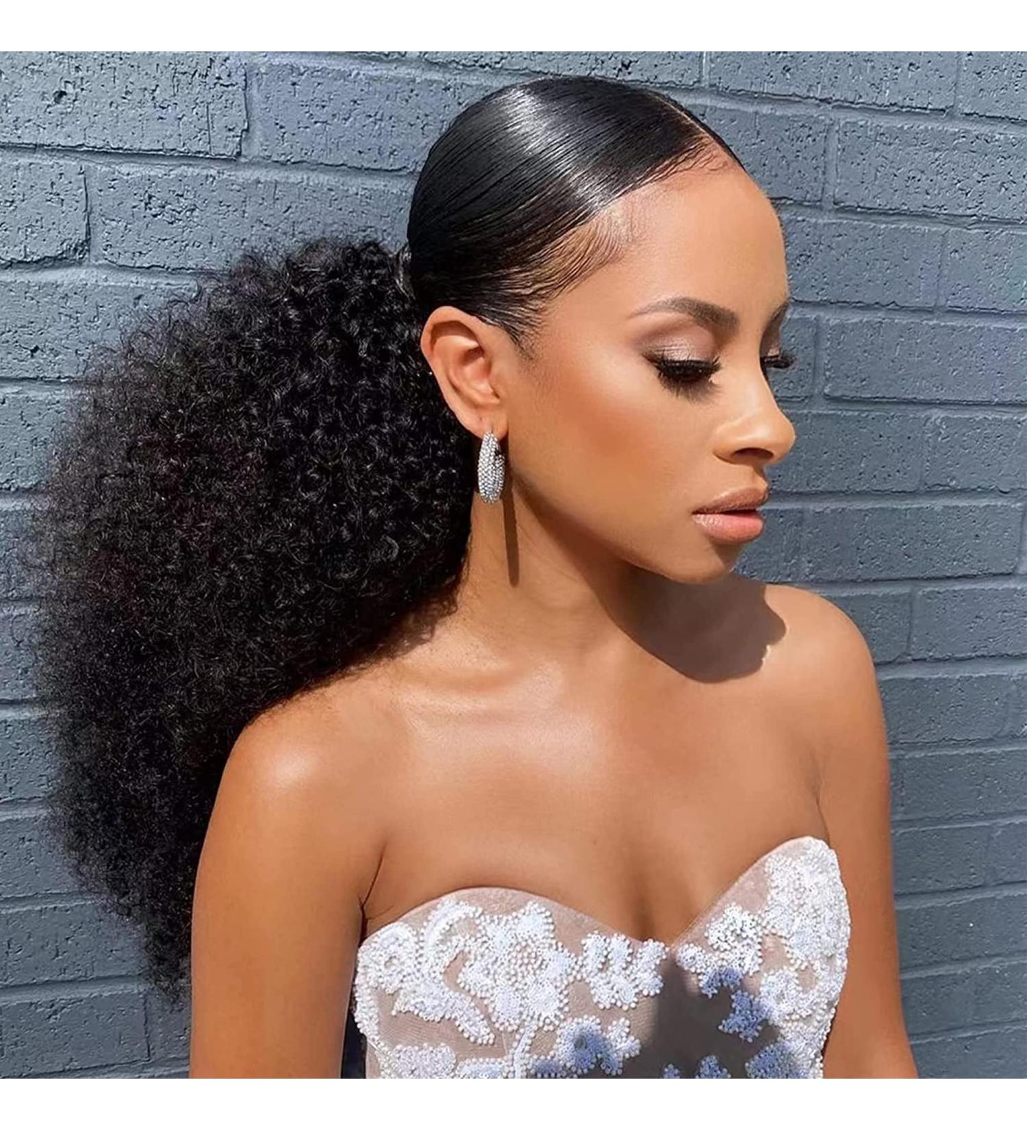 HLSK 14 Inch Afro Puff Drawstring Ponytail Human Hair | 150% Density Brazilian Virgin Hair Clip in Extension for Black Women | 3A 4C Afro Kinky Curly Style - Buy Online on GoSupps.com