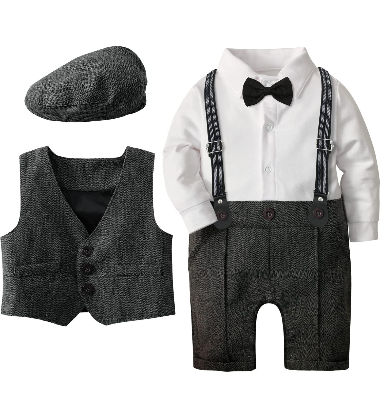 Mint Green Baby Boy Romper Suit | Infant Gentleman Jumpsuit with Bow Tie Waistcoat | 6-9 Months Dark Gray Outfit - Buy Online on GoSupps.com