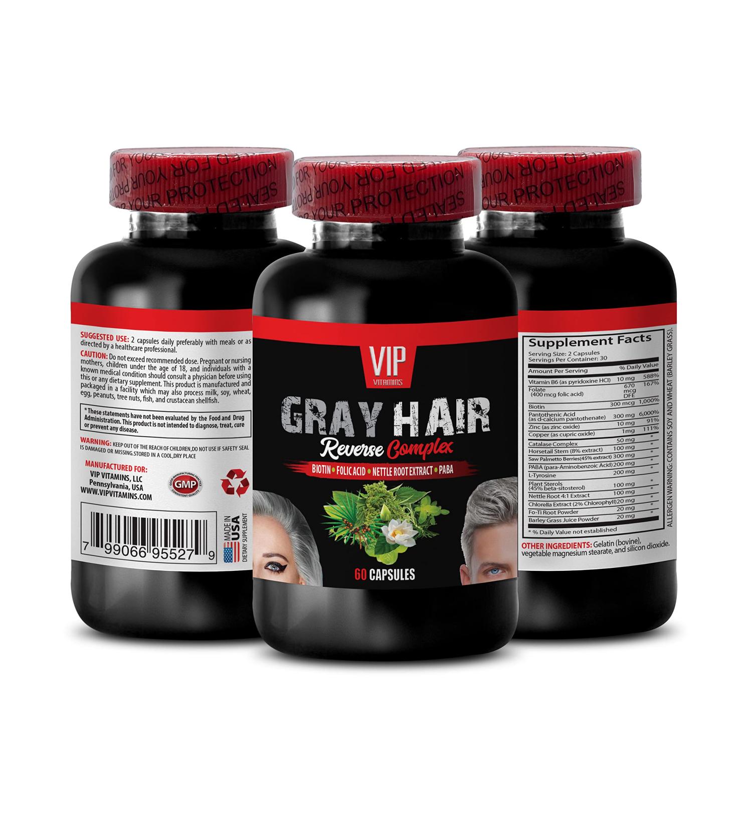Anti Gray Hair Pills - Gray Hair Reverse Complex - Catalase Complex L-Tyrosine PABA Stinging Nettle Root Hair Growth Vitamins Natural Hair Color for Gray Hair Saw Palmetto 1 Bottle 60 Caps - Buy Online on GoSupps.com