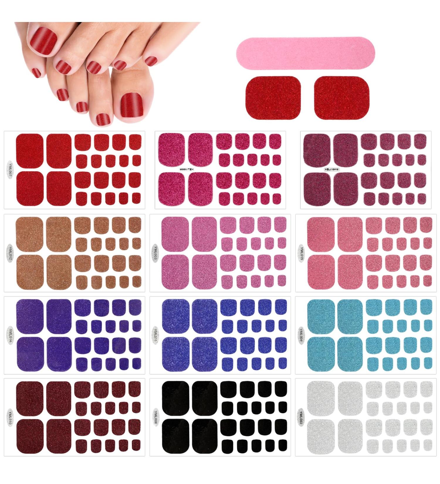 JSRQT 12 Sheets Toe Nail Polish Stickers Solid Colors Glitter Full Wraps Self Adhesive Toe Nail Tip Red Pink Purple Toenails Stickers with Nail File Toe Nails Polish Strips Stickers DIY Nail Decor Art - Buy Online on GoSupps.com
