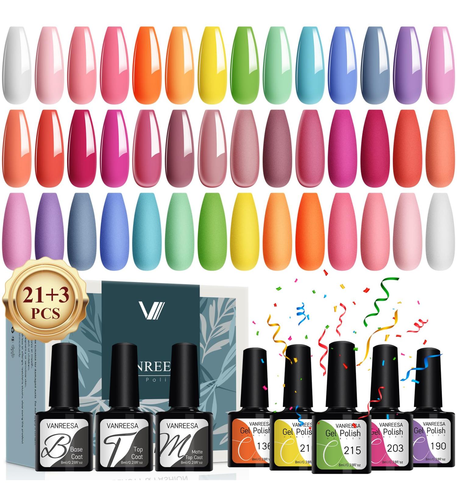 VANREESA 24 Pcs Gel Nail Polish Set - 21 Vibrant Colors with Base & Top Coats | Perfect DIY Nail Kit Gifts for Women - Macaroon Time - Buy Online on GoSupps.com