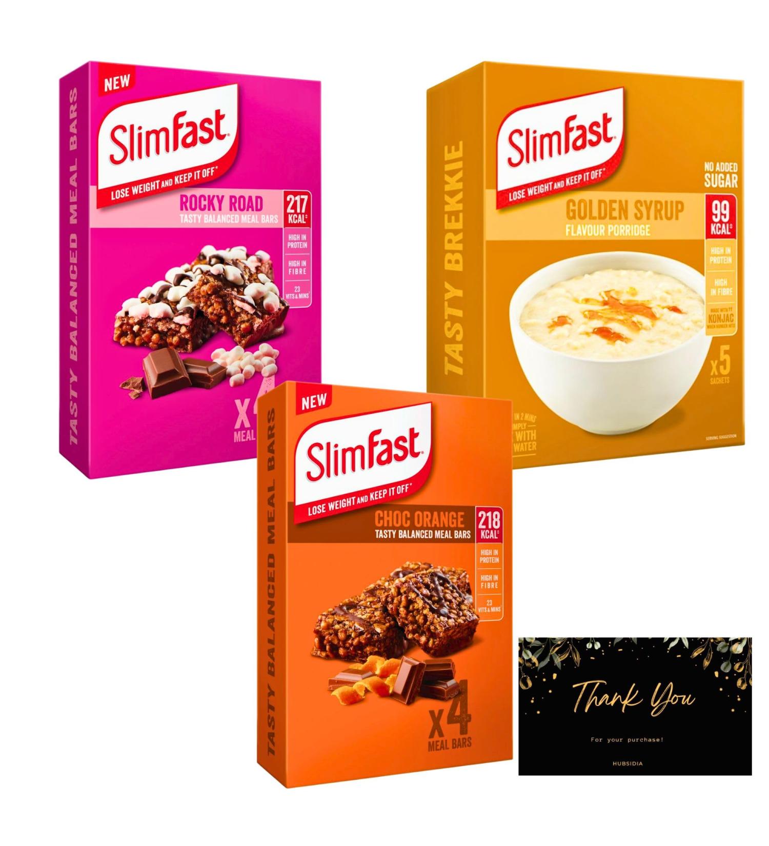 Slimfast Meal Replacement for Weight Loss Bundle with 1 x Slimfast Porridge Golden Syrup 1 x SlimFast Rocky Road Meal Bars and 1x SlimFast Choc Orange Bars - Buy Online on GoSupps.com
