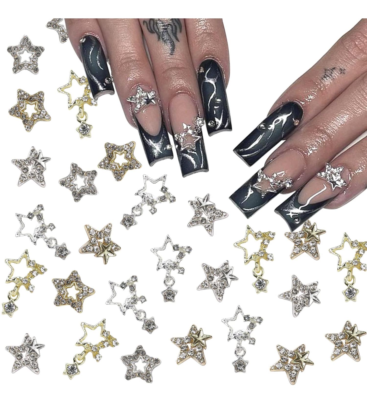 YOSOMK 30 PCS Star Nail Charms: 3D Gold & Silver Dangling Stars for Luxury Nail Art - Rhinestones, Gems, Diamonds for Acrylic Nail Decoration - Buy Online on GoSupps.com