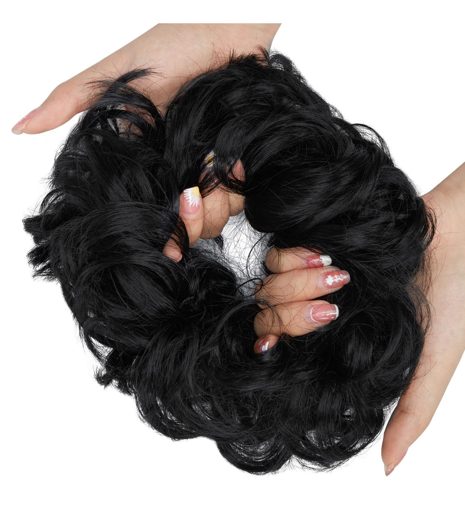 Messy Bun Hair Scrunchie Extension | Curly Wavy Updo Synthetic Chignon Ponytail Accessory - Dark Black | Women Girls - 1 PCS - Buy Online on GoSupps.com