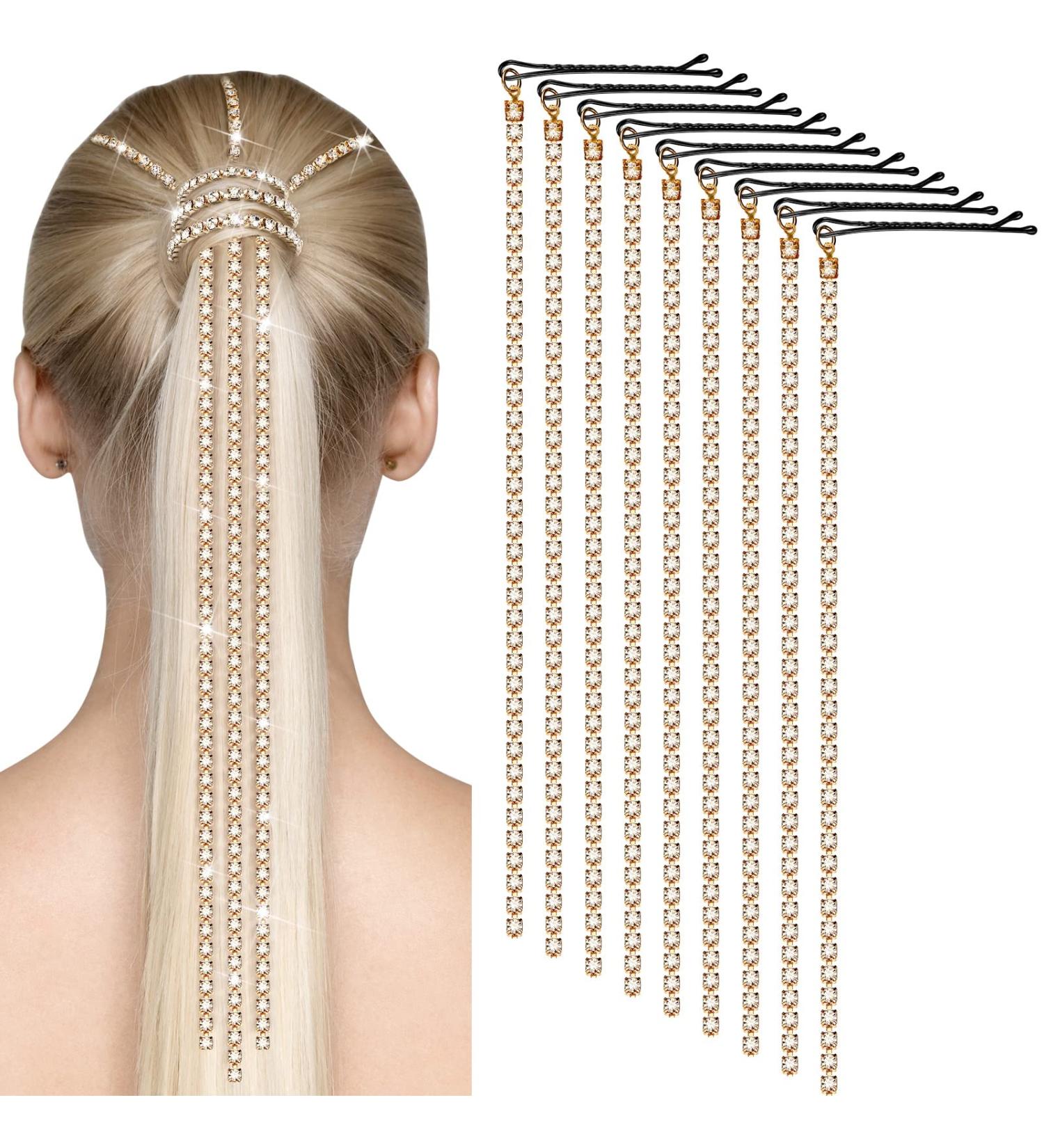 Punk Rhinestone Tassel Hair Chain Clips - 9 Pcs White Hair Accessories for Women - Buy Online on GoSupps.com
