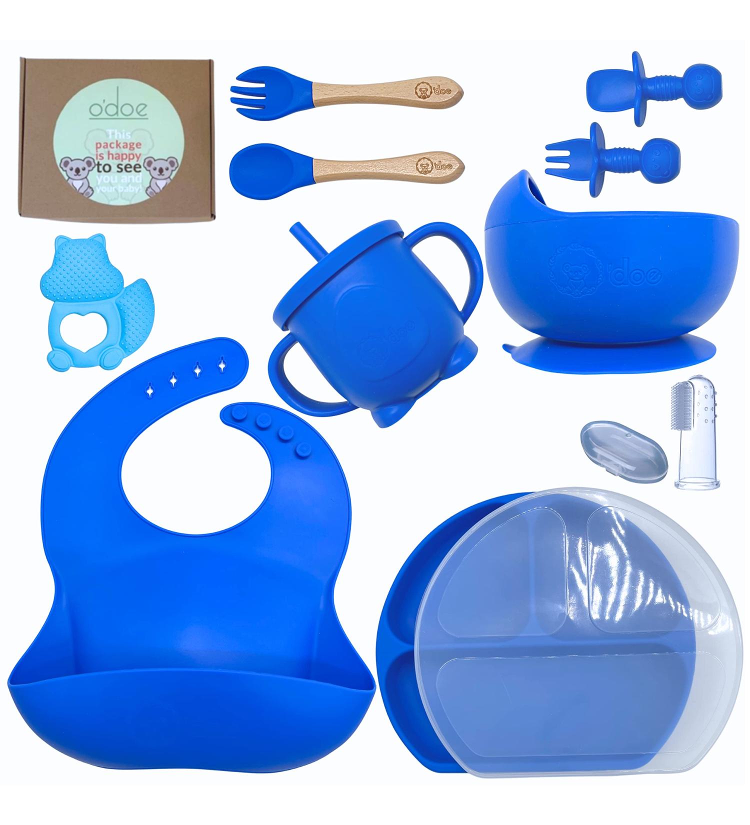 O'doe Baby Weaning Set (14 Pcs) | Silicone Suction Plate and Bowl | Self-Feeding Utensils, Spoons, Bibs | Toddler Food Plate Kit | Blue - Buy Online on GoSupps.com