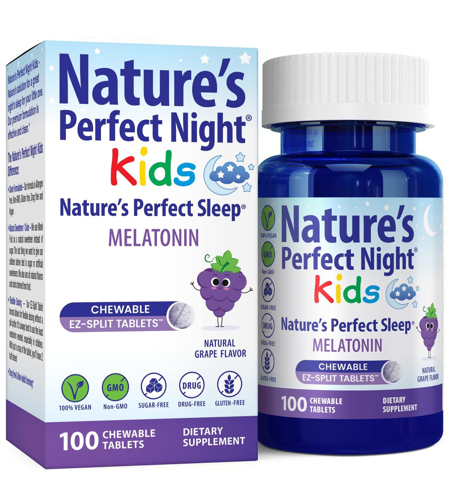 Nature's Perfect Night Kids | Kids Melatonin 1mg | 100 Chewable Tablets | Natural Grape Flavor | Sugar Free | Vegan | Gluten Free | Drug Free | Value Size - Buy Online on GoSupps.com