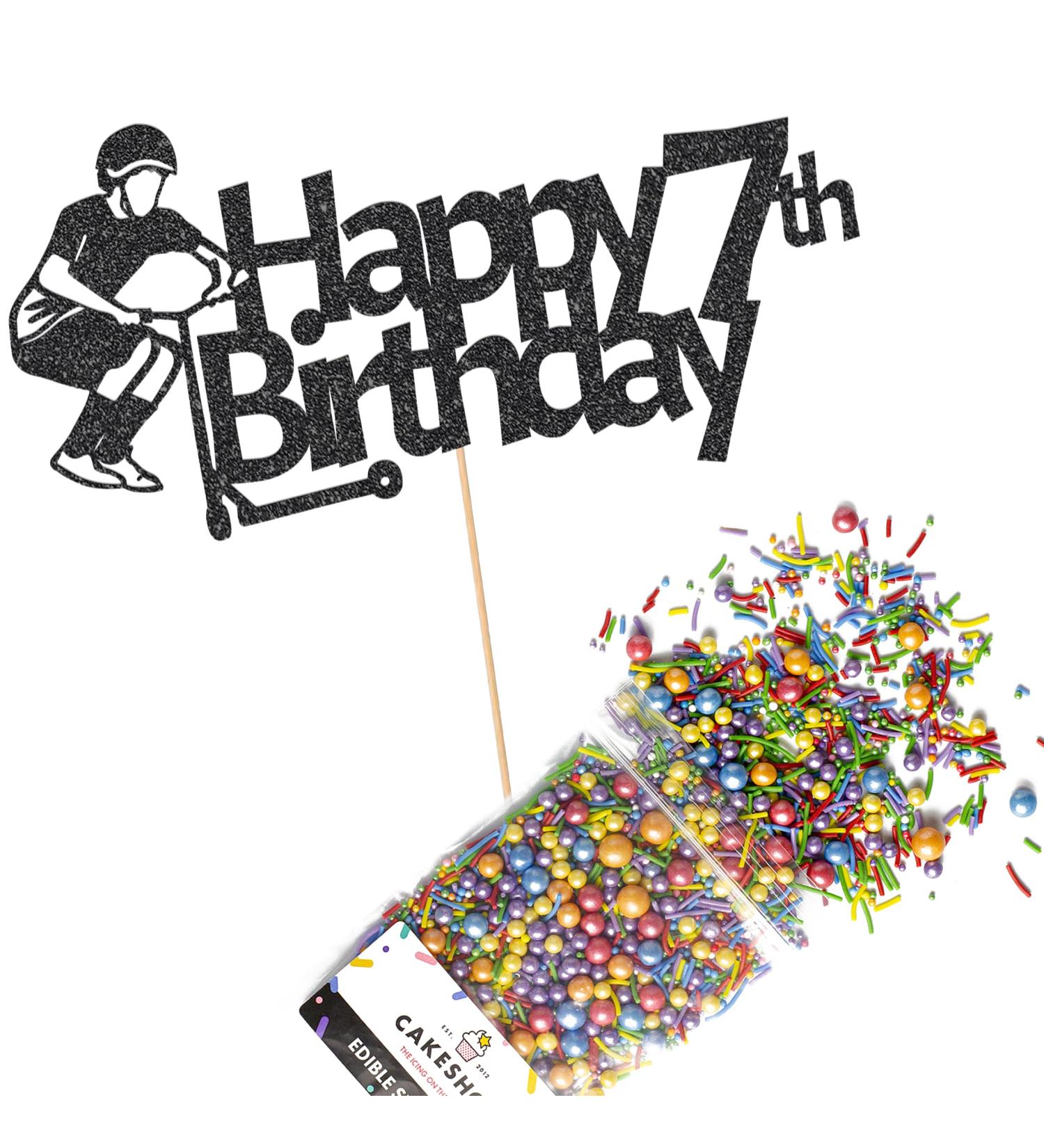 Cakeshop Cake Decoration Pack | Scooter Birthday Theme Premium Double Sided Glitter Card Cake Topper Sign & 25g Party Pack of Cake Sugar Sprinkles | Custom Age Cake Decorations (Black) Non-Prime Glitter Card: Black - Buy Online on GoSupps.com