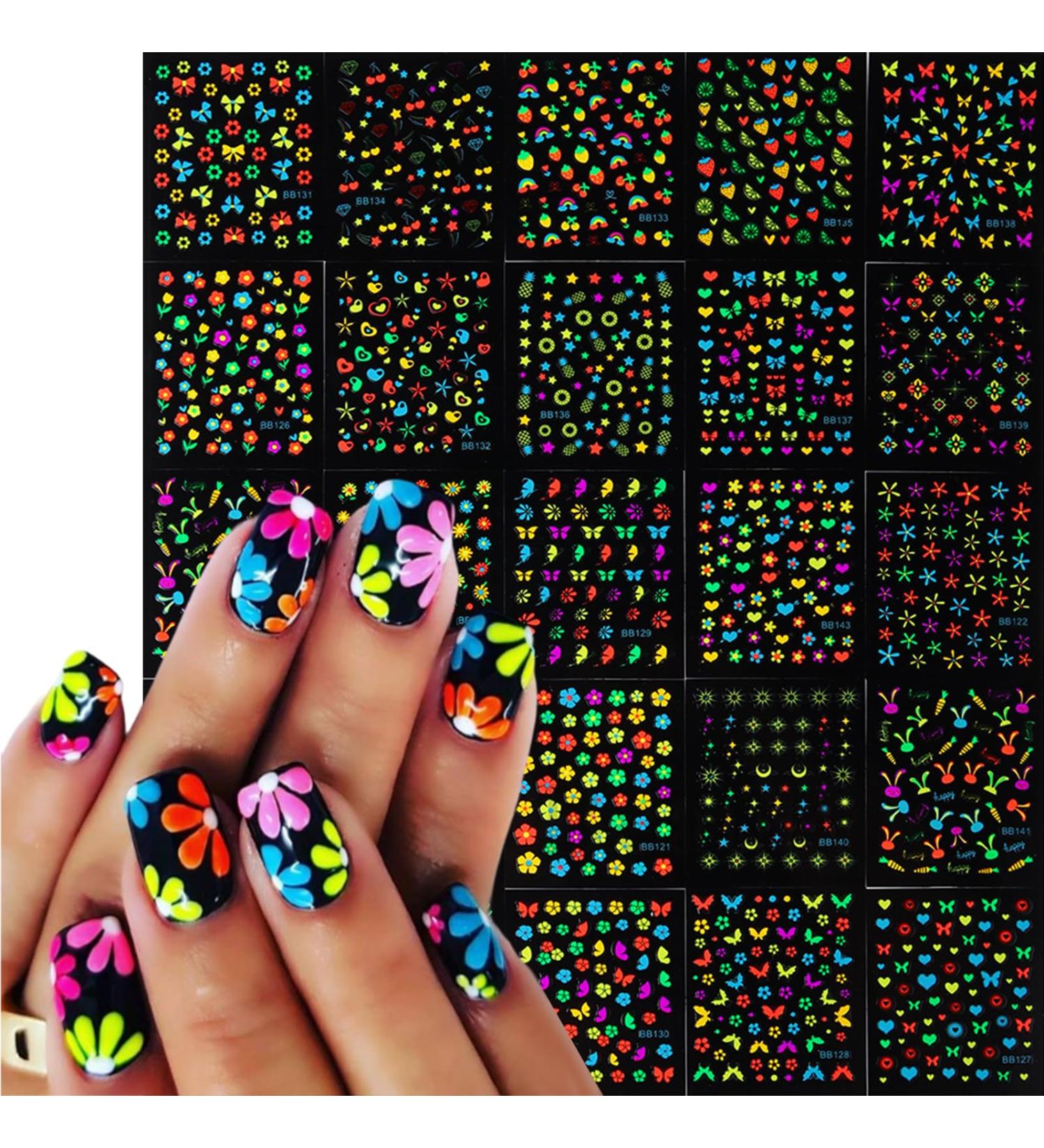 Buy 24 Sheets Glow in Dark Flower Nail Art Stickers - 3D Fluorescent Floral & Butterfly Design for DIY Nail Decoration - Bright-Colored Daisy & Fun Shapes - Perfect for Women - Buy Online on GoSupps.com