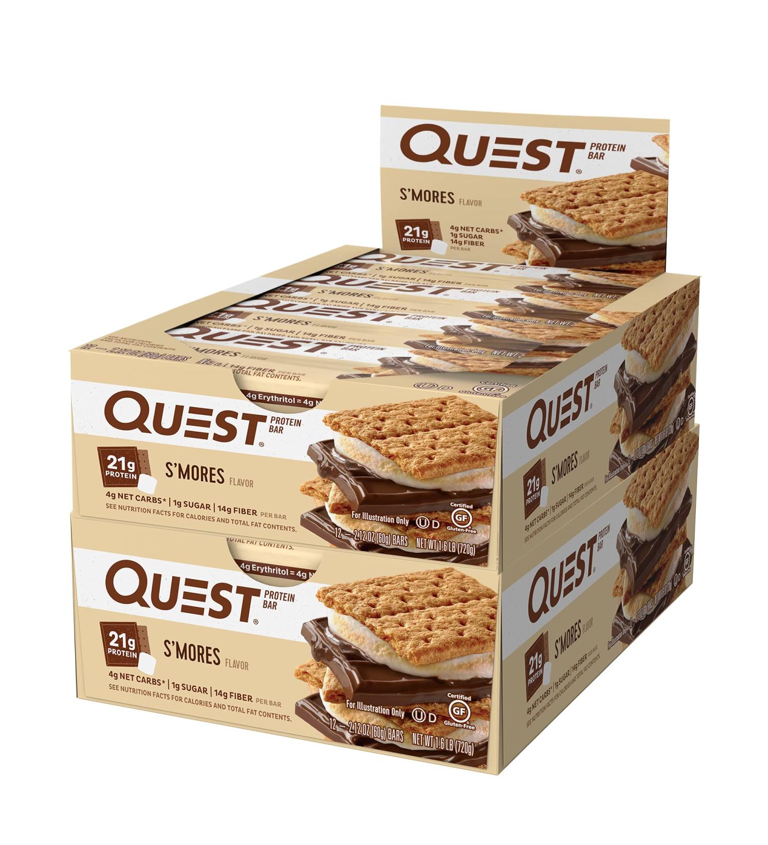 Quest Nutrition Protein Bar S'Mores - 24 Count, Low Carb Meal Replacement with 20g Protein, High Fiber, Gluten-Free - Buy Online on GoSupps.com