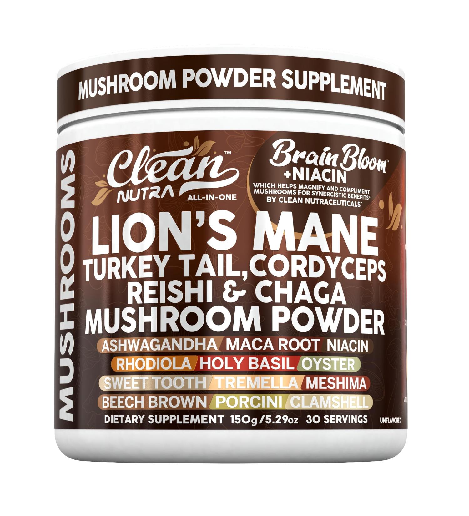 Clean Nutra Lion's Mane Turkey Tail Cordyceps Reishi Chaga Mushroom Powder + Ashwagandha Niacin Calm Stress Memory Adrenal Support Supplements Maca Rhodiola Holy Basil Apaptogen Supplement Unflavored 1 - Buy Online on GoSupps.com