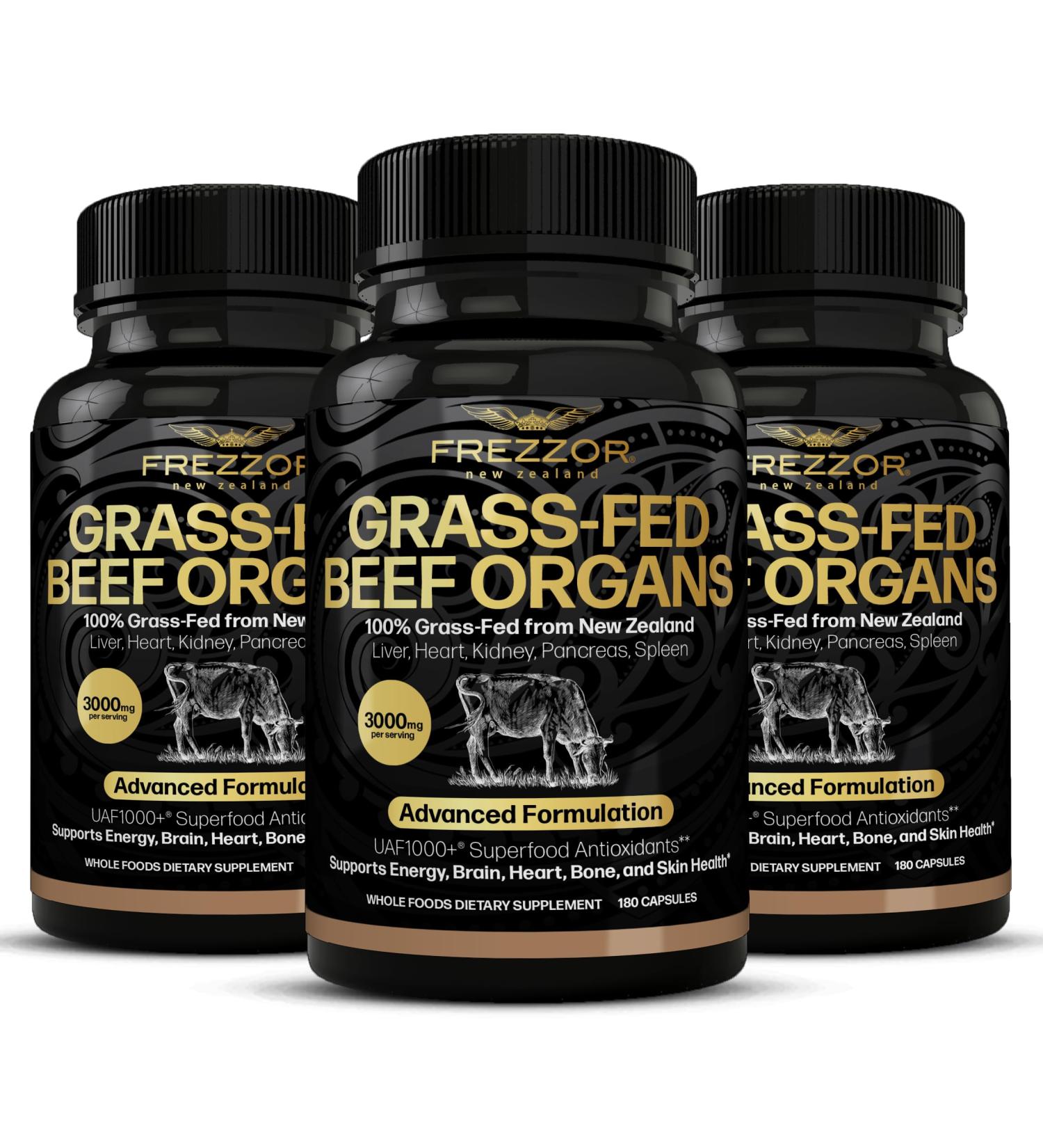 FREZZOR New Zealand 100% Live-Grass-Fed Beef Organs Complex Supports Whole Body Wellness and Energy with Proprietary Blend of Liver Heart Kidney Pancreas & Spleen Non-GMO 3000mg 540 Capsules