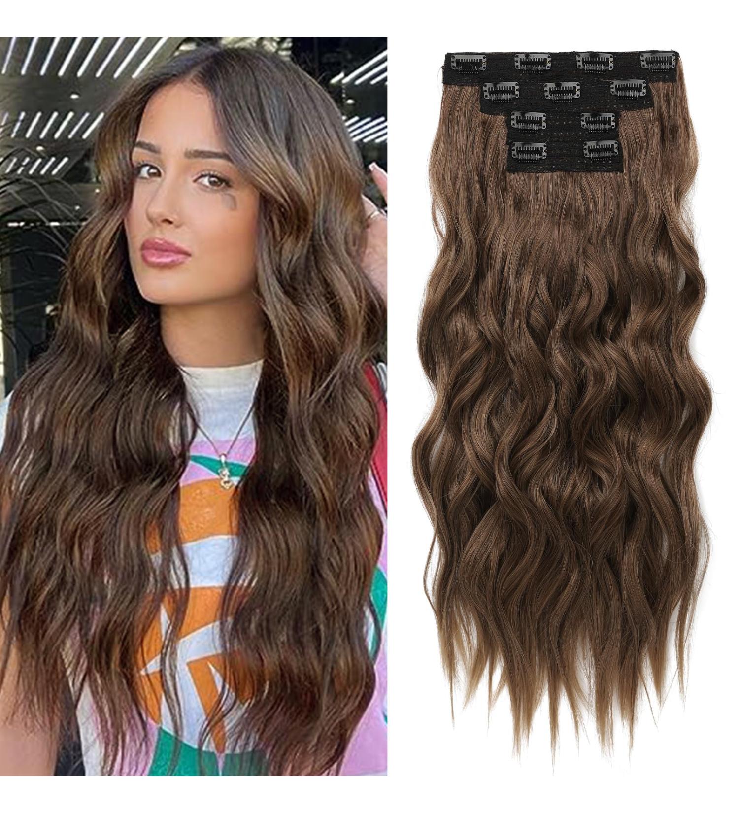 Reecho Clip In Hair Extensions - 4PC Medium Brown 60cm Thick & Natural Soft Beach Waves - Buy Online on GoSupps.com