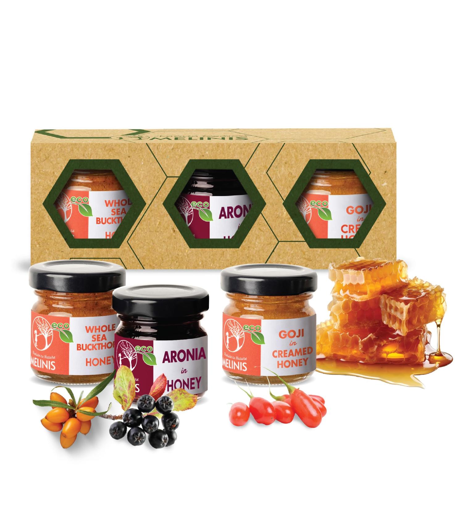  Melinis Pack of 3 packs of organic honey spread - 3 x 40g - With sea buckthorn aronia and goji berries - Creamy spread made with acacia and polyflora honey - For breakfast  - Buy Online on GoSupps.com