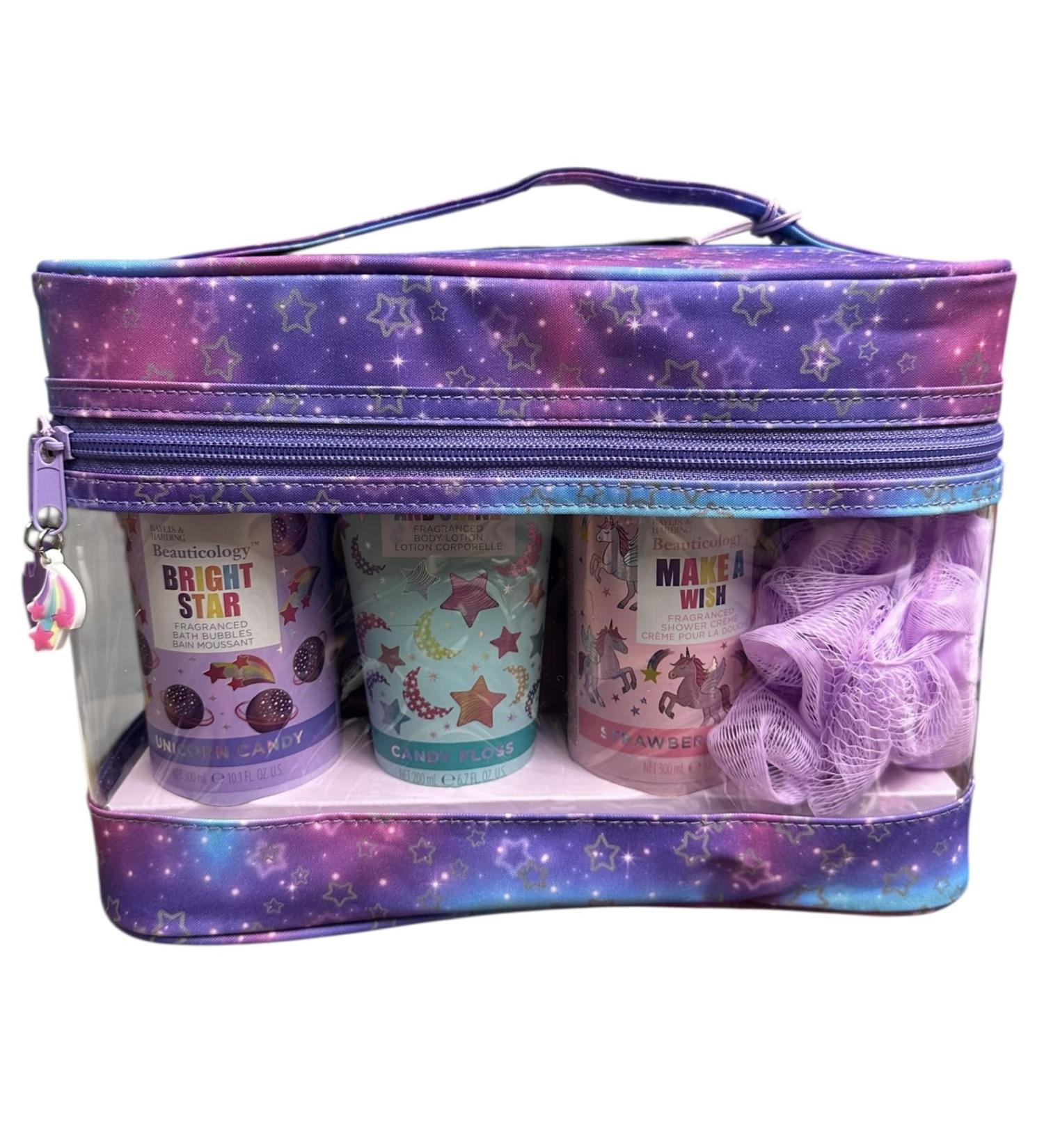 BAYLlS & Harding BeautiCOL0GY Coffret cadeau bulles de bain lotion pour le corps cr me de douche et polissage pour le corps Trousse de maquillage sur le th me licorne cosmique