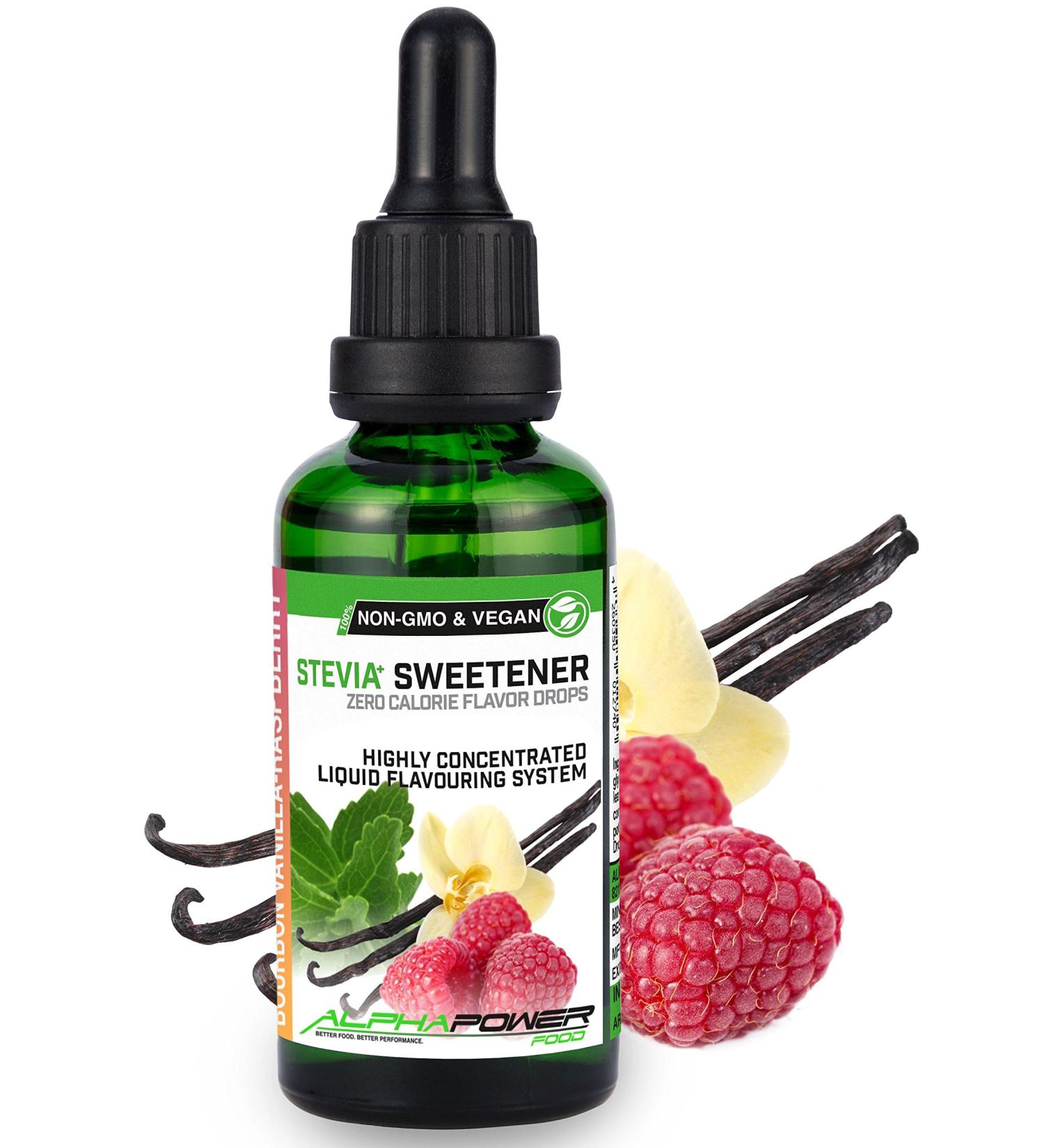 Alphapower Food Stevia Flavor Drops | Sugar-Free Vanilla Raspberry | 100% Natural Liquid Aroma & Sweetener for Water Muesli Desserts & Smoothies - 50ml - Buy Online on GoSupps.com