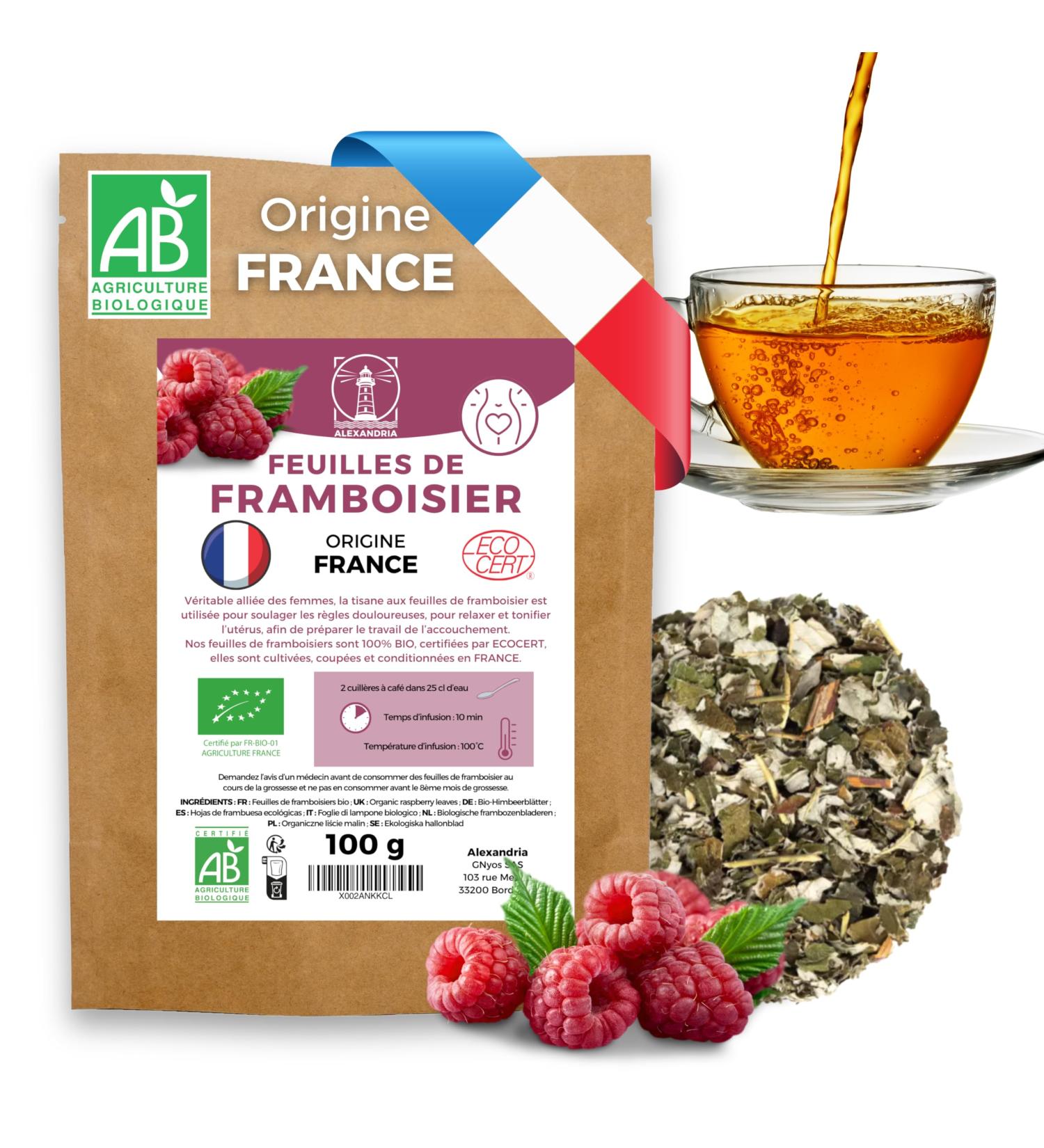  Alexandria Organic raspberry leaf herbal tea 100g - Origin: France - Infusion for late pregnancy preparation for childbirth. Tea and infusions ideal for pregnant women well-being - Buy Online on GoSupps.com
