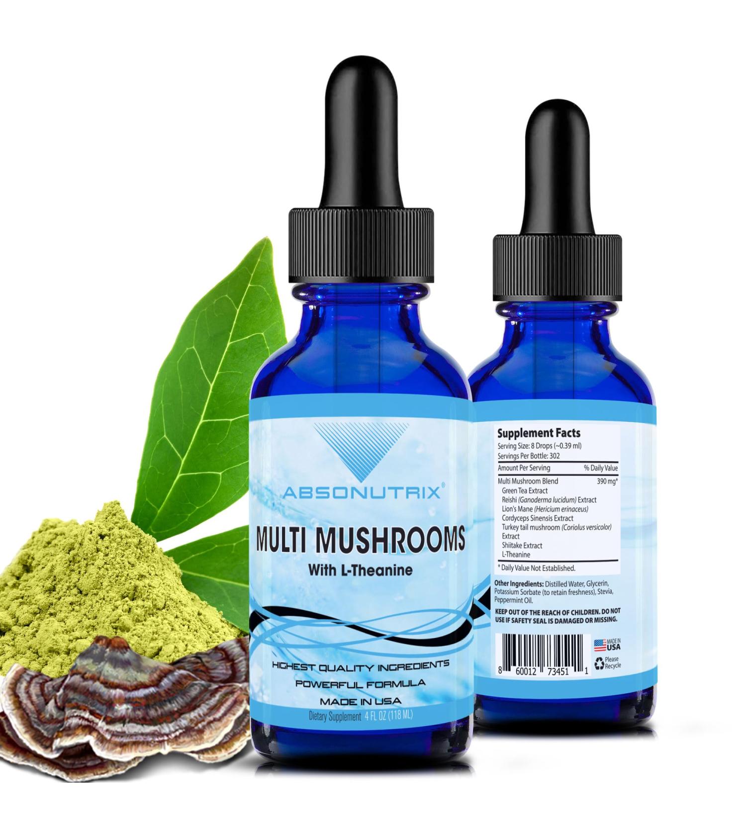 Absonutrix Multi Mushrooms l theanine Supplement 390 mg 4 Oz Liquid 302 Servings Made in USA Quick Absorption Quality Potent Ingredients Non-GMO GMP Certified Facility Cruelty-Free Products - Buy Online on GoSupps.com