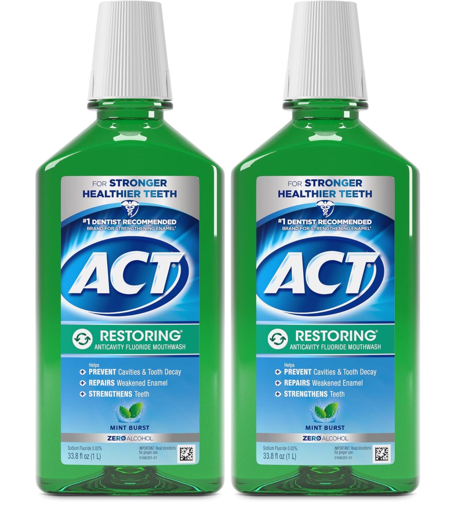 ACT Restoring Zero Alcohol Fluoride Mouthwash 33.8 fl. oz. Strengthens Tooth Enamel Mint Burst (Pack of 2) - Buy Online on GoSupps.com