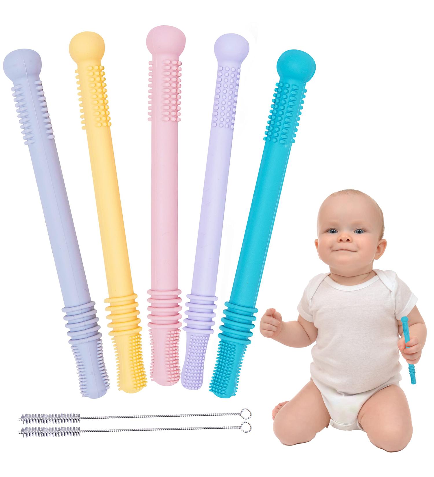 Mothby Teething Sticks for Babies Pack of 5 | Premium Food Grade Silicone | 6.3 Inches Long | Includes 2 Cleaning Brushes Straws | Safe for 3-12 Months Old Babies | Refrigerator & Dishwasher Safe - Buy Online on GoSupps.com