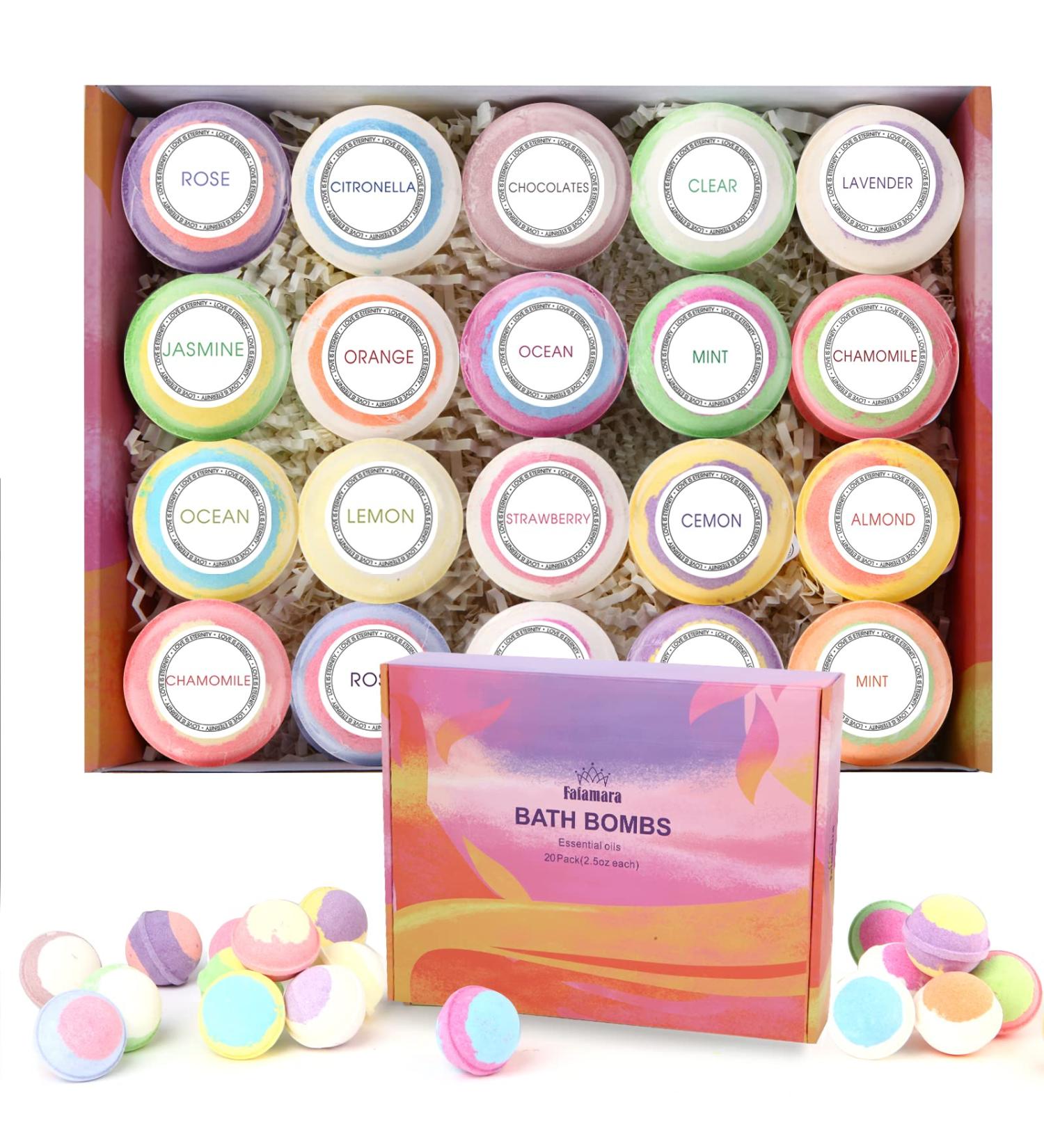 Fafamara Bath Bombs Gift Set - 20 Organic Handcrafted Essential Oil Fizzy Balls for Relaxation and Stress Relief - Ideal Birthday Gift for Her/Him - Buy Online on GoSupps.com