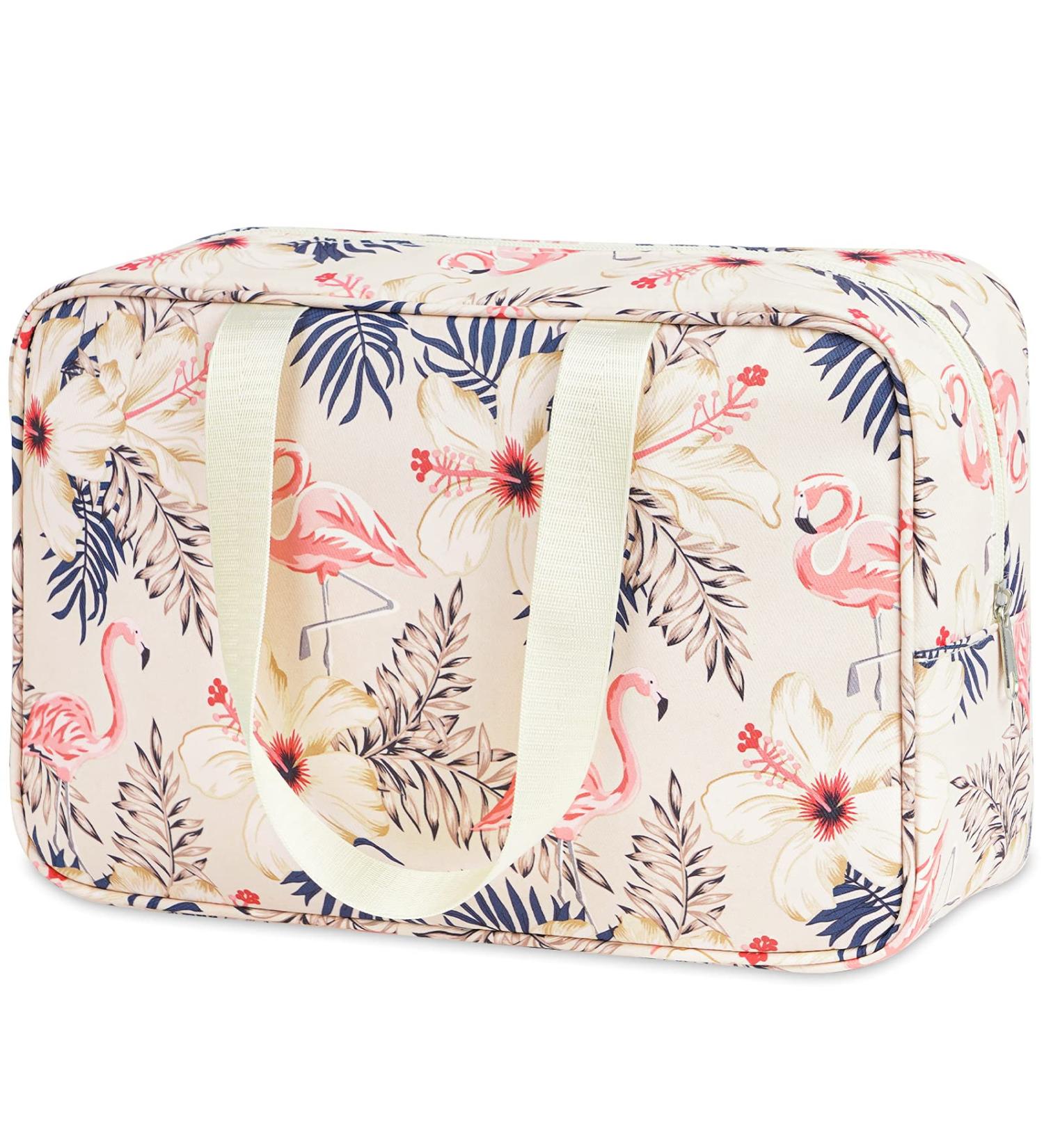 Large Beige Flamingo Toiletry Bag for Women - Travel Makeup Organizer and Medicine Bag - Buy Online on GoSupps.com