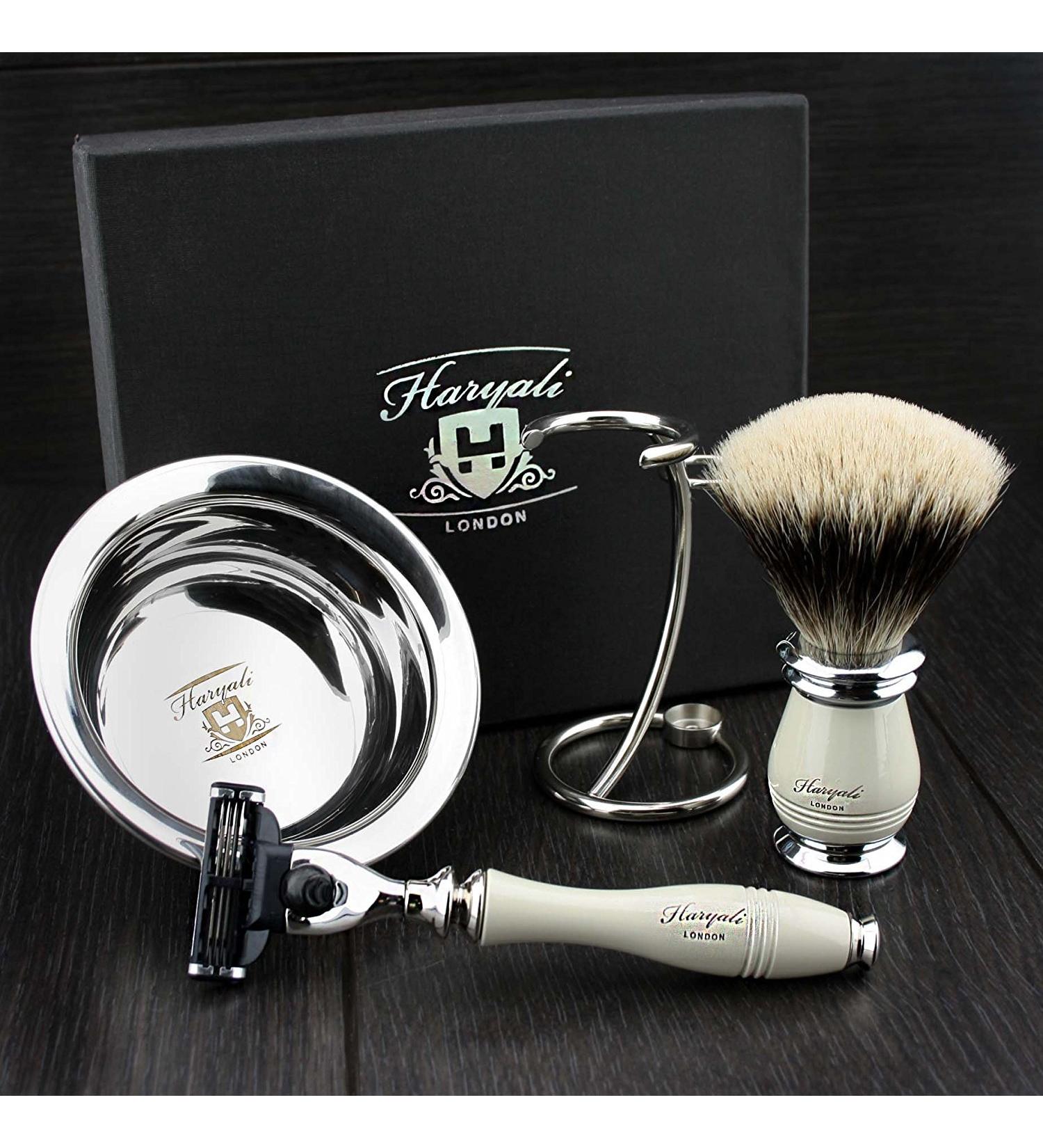 Ivory Men's 4-Piece Razor Set | MACH 3 Razors Silver Tip Brush & Stainless Steel Stand - Redesigned Elegance - Buy Online on GoSupps.com