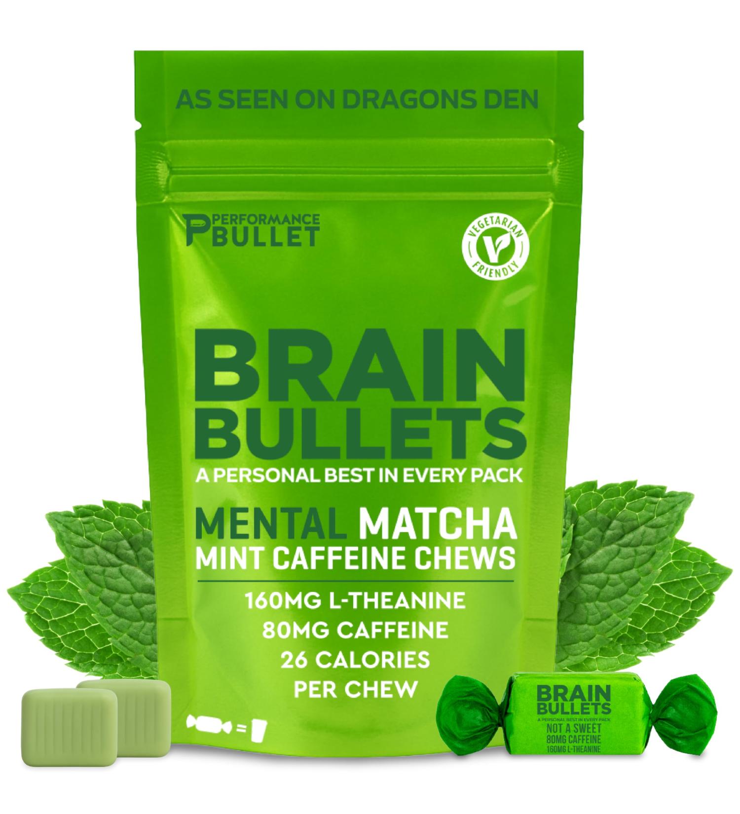 160mg L-Theanine + 80mg Caffeine Chews Mint Matcha Flavour Increases Productivity Mental Clarity Alertness | 4 Packs - 16 Servings | Brain Bullet | Energy Gum & Focus Gummy Upgrade 4 Packets - 16 Chews - Buy Online on GoSupps.com