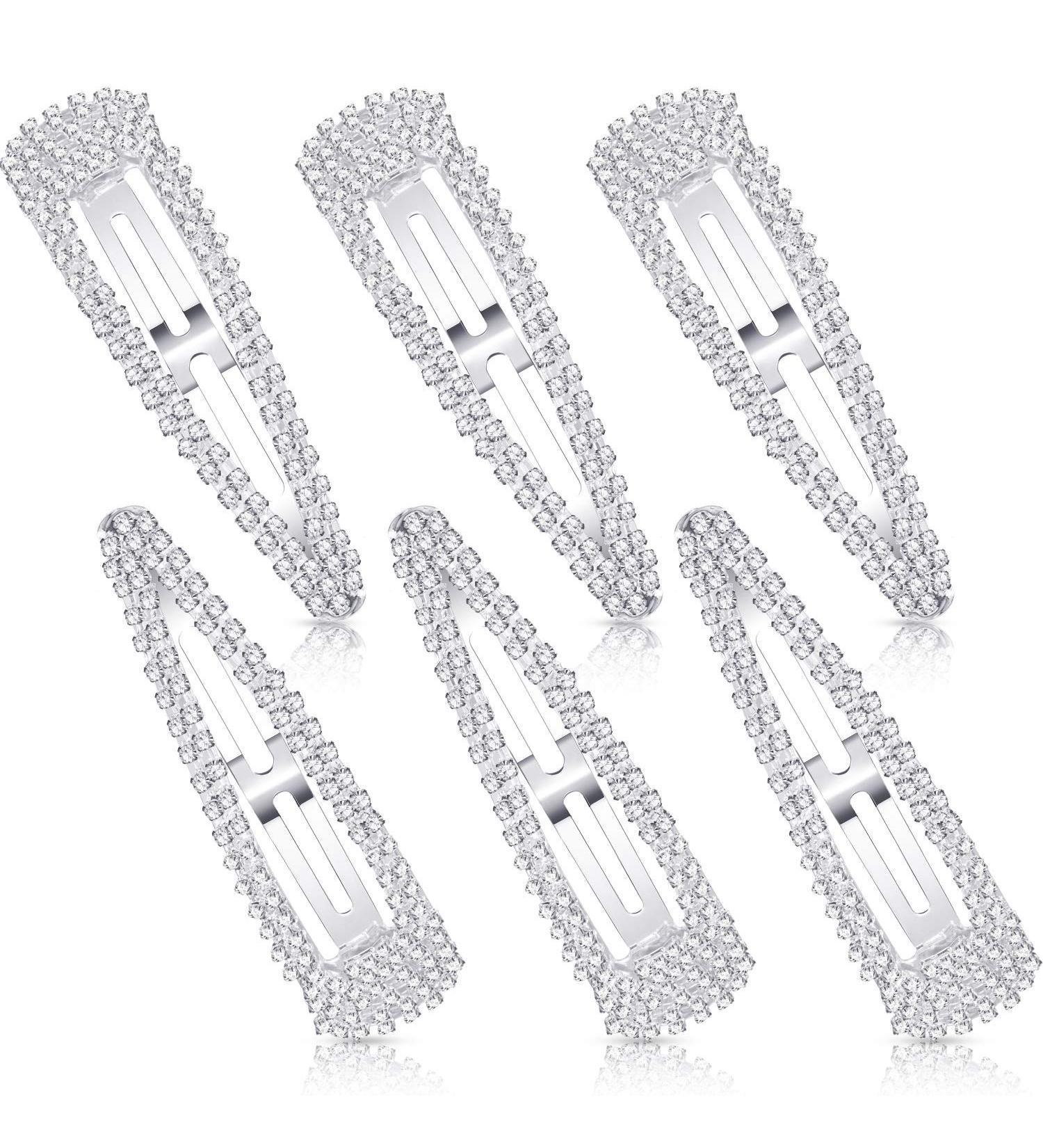 6-Piece 4 Rhinestone Snap Hair Clips - Crystal Metal Barrettes for Women & Girls | Wedding Hair Accessories - Silver - Buy Online on GoSupps.com