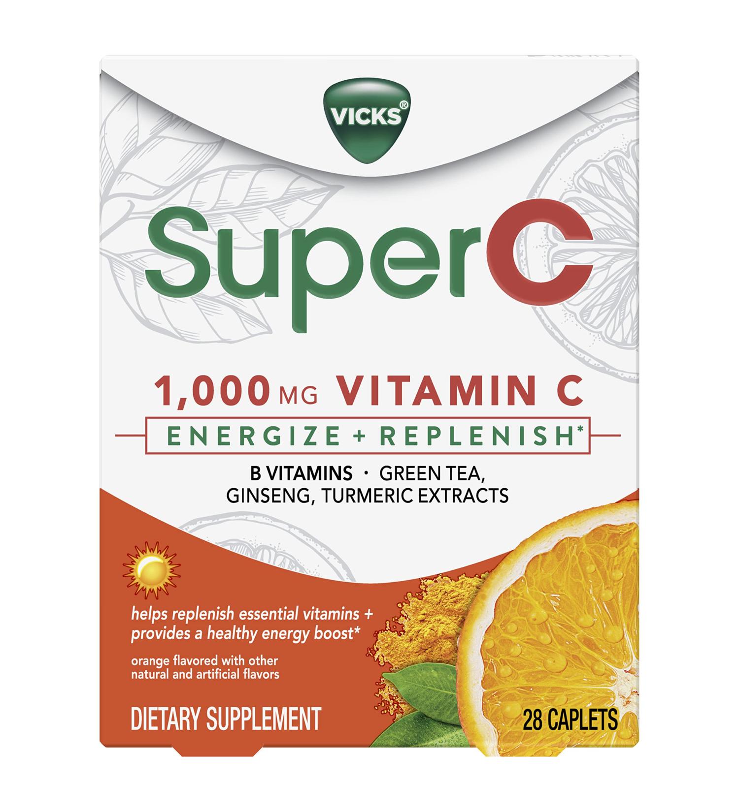 Vicks Super C Energize and Replenish Daily Supplement 28ct - Vitamin C, B Vitamins, Herbal Extracts - Easy-to-Swallow Coated Pills - Buy Online on GoSupps.com