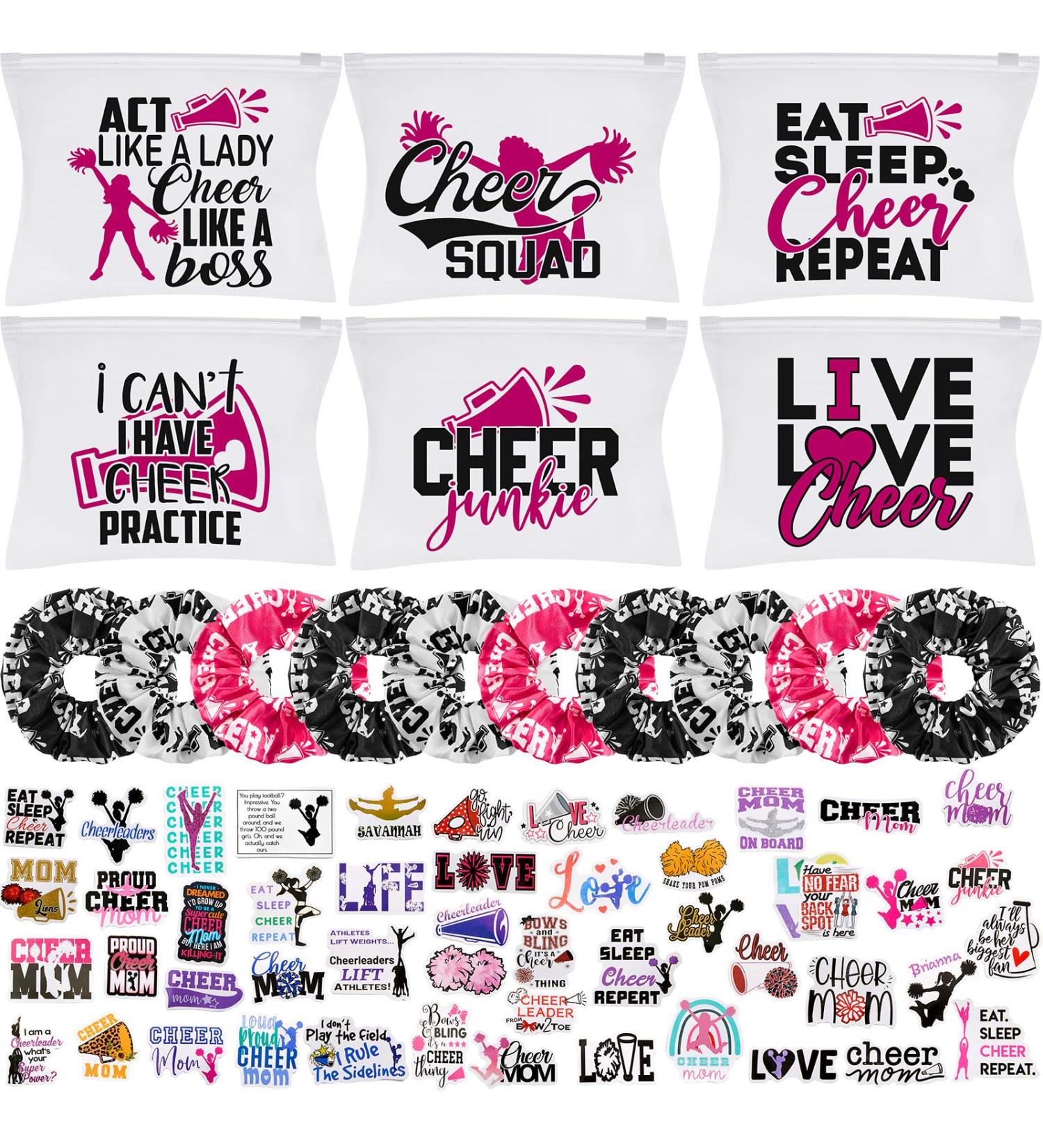 65 Pcs Cheerleader Gift Set: Makeup Bag, Scrunchies, Hair Ties, Sticker, Water Bottles, Decal - for Girls, Women, Teammates - Buy Online on GoSupps.com