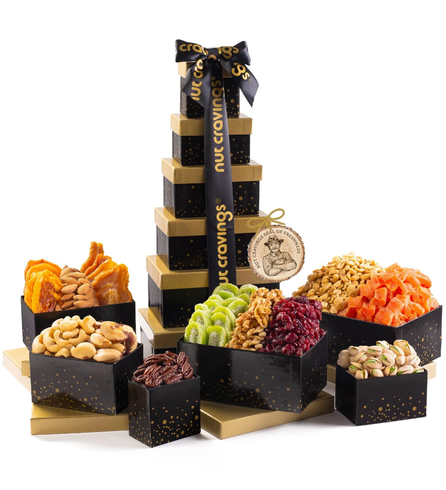 Dried Fruit & Nuts Gift Basket Black Tower (12 Assortments) - Holiday Christmas Gourmet Bouquet Arrangement - Birthday Care Package for Men & Women - Healthy Kosher Snack Box with Assorted Fruits & Nuts - Buy Online on GoSupps.com