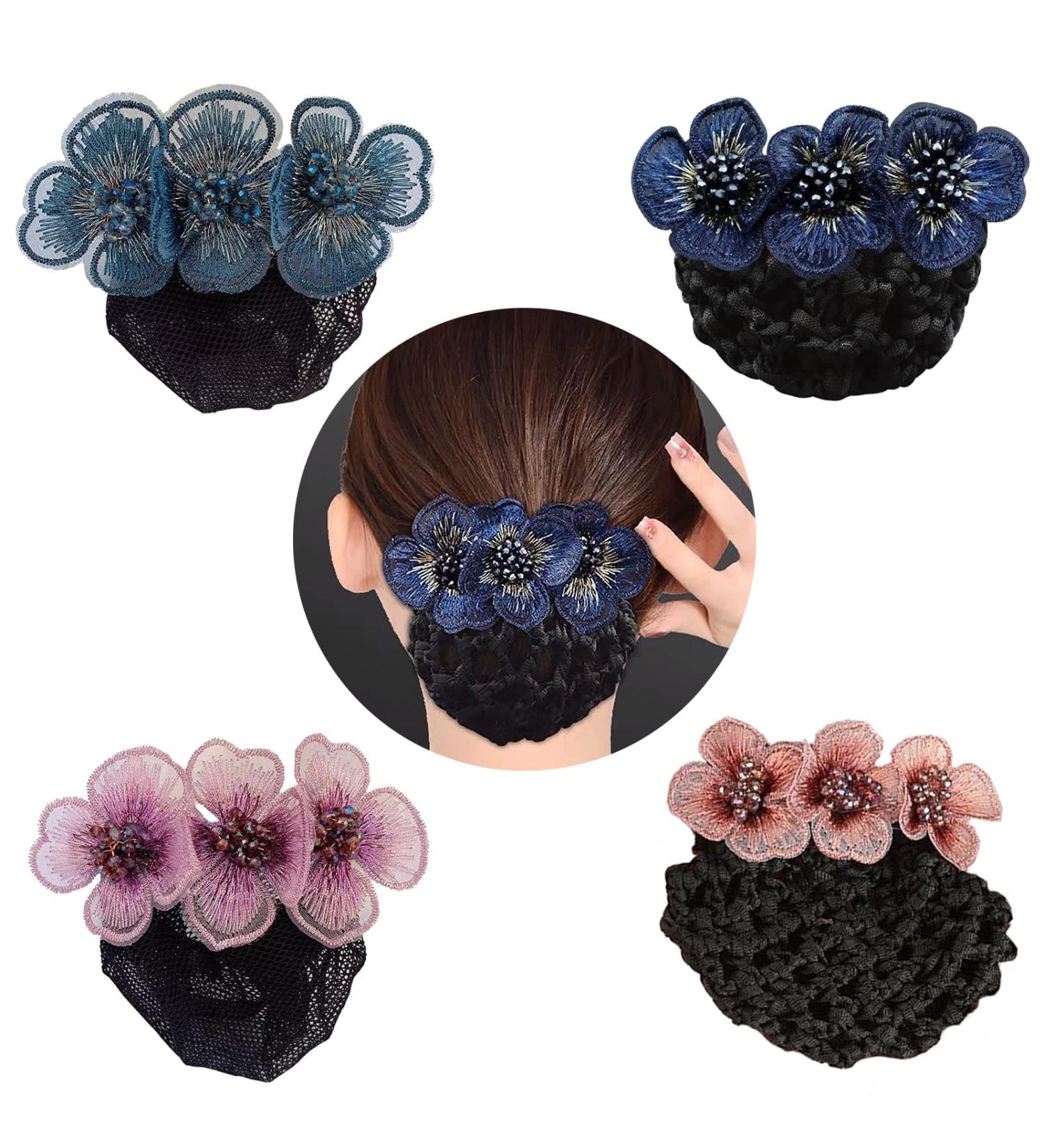 4 Pack Women Hair Bun Cover Net Snood Hair Barrette Clips Hair Accessories - Navy Blue, Pink, Sky Blue, Purple - Ideal for Lady, Women, Nurse, Stewardess - Buy Online on GoSupps.com