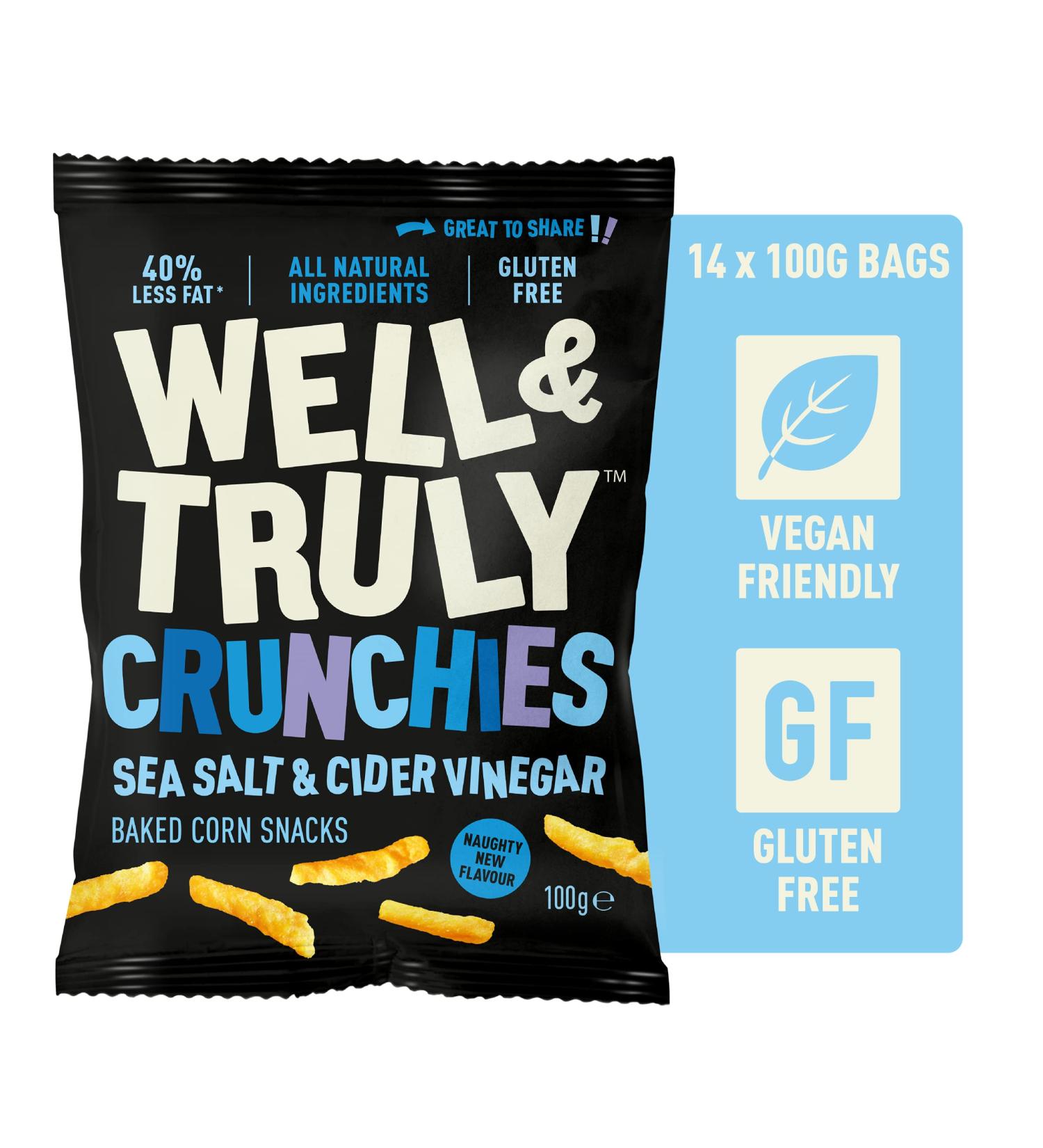 WELL&TRULY: Salt & Vinegar | Baked Corn Snacks - Gluten Free - Plant Based & Vegan - No Added Sugar - Less Fat - Healthy Snack - (Box of 14 Bags 100g Each) - Buy Online on GoSupps.com