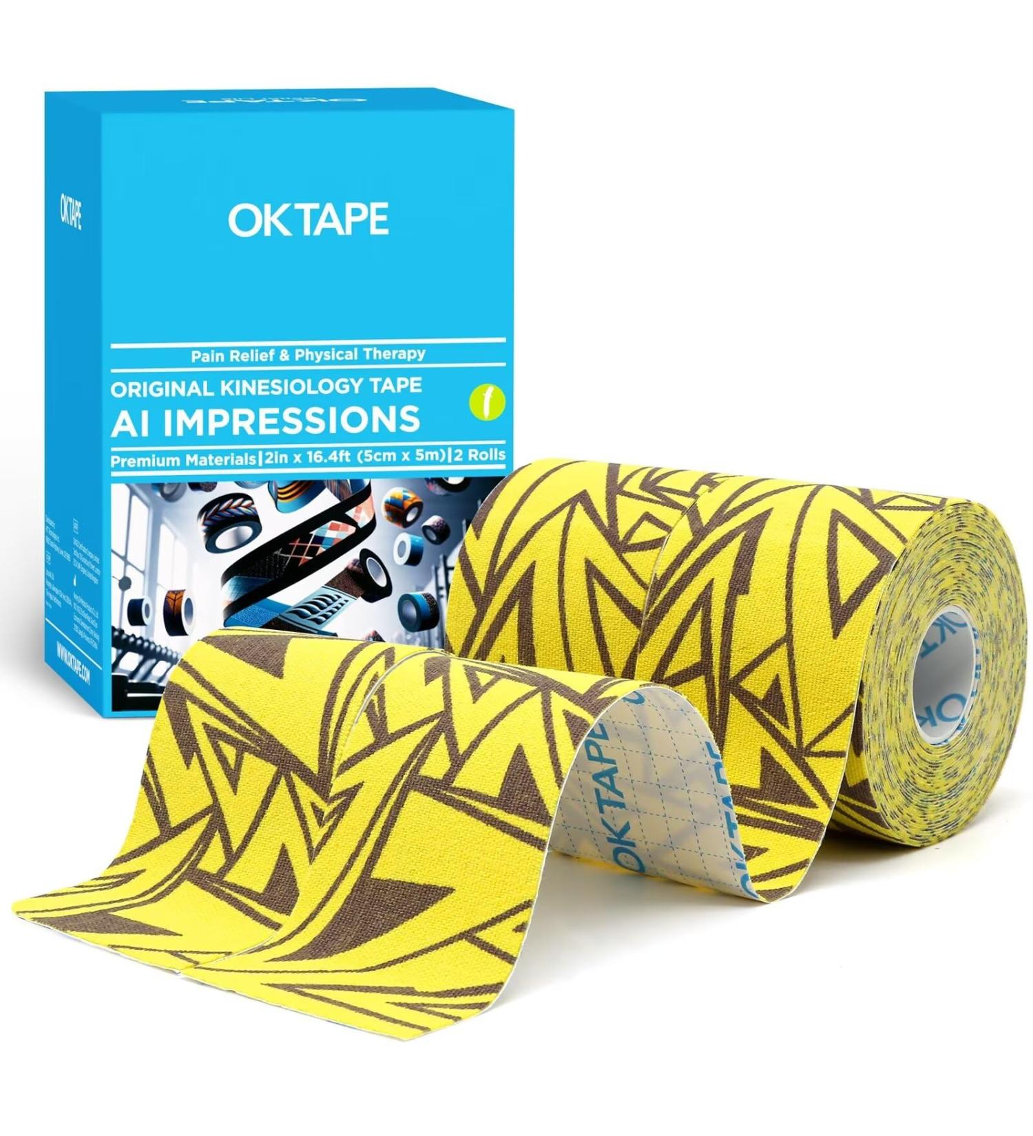 OK TAPE Hypoallergenic Kinesiology Tape - Elastic Sports Athletic Tape 2 Rolls (2in x 16.4ft) - Digital Printed Lightning Design for Pain Relief & Support - Buy Online on GoSupps.com