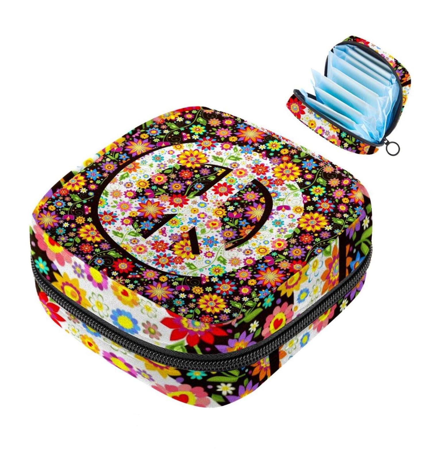 Menstruation Pad Bag with Zipper | Women's Napkin & Tampon Organizer | Hippie Flowers & Peace Symbol Design - Buy Online on GoSupps.com